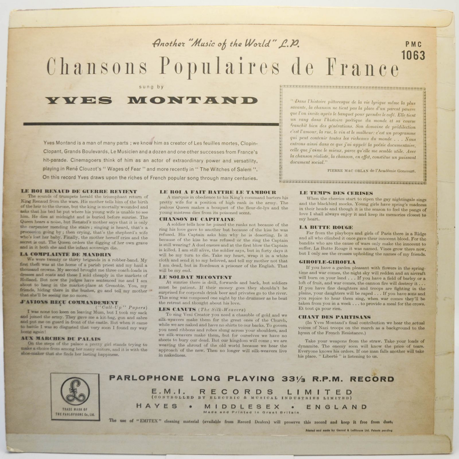 Yves Montand — Chansons Populaires De France (UK), 1955