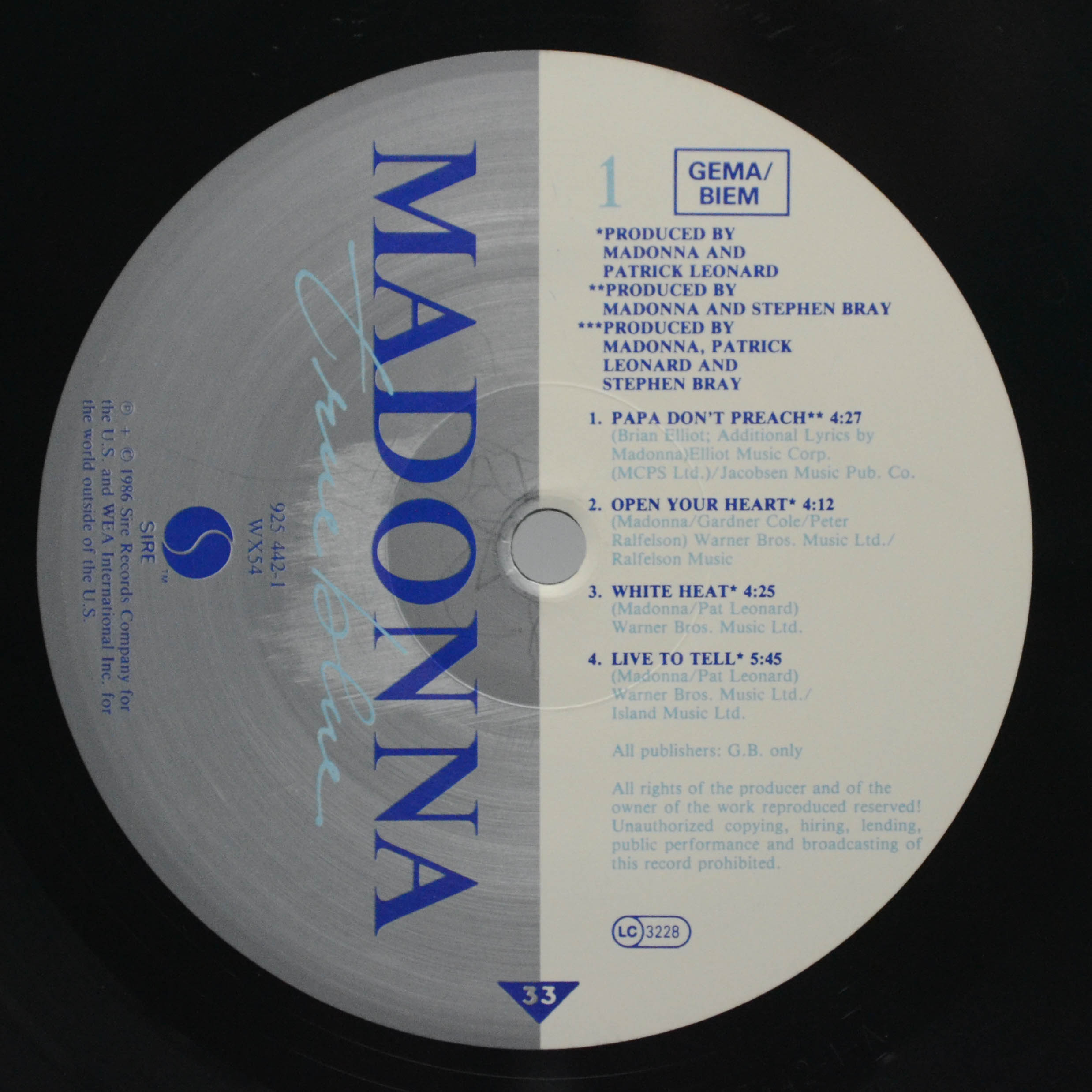 Виниловая пластинка Madonna — True Blue, 1986
