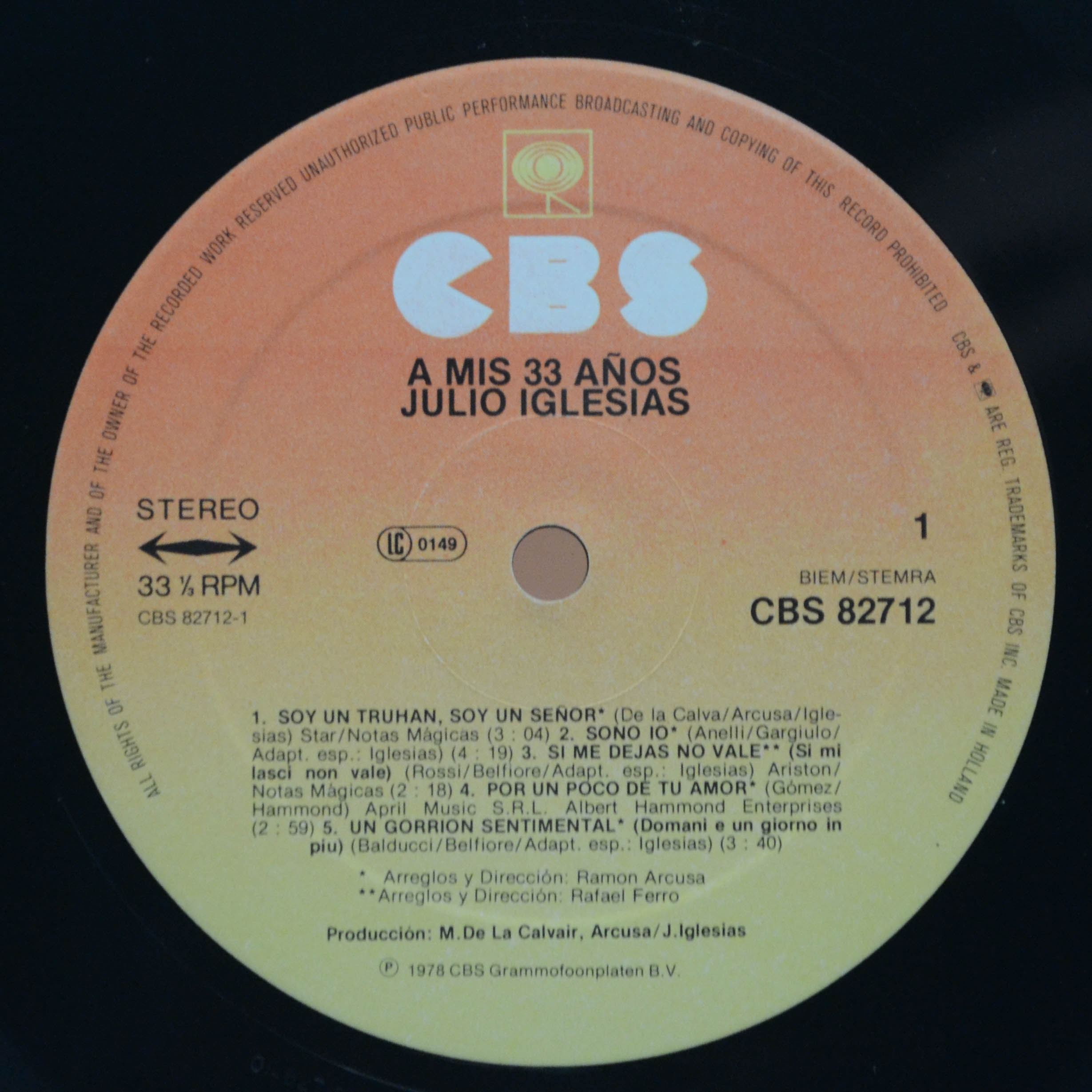 Виниловая пластинка Julio Iglesias — A Mis 33 Años, 1978