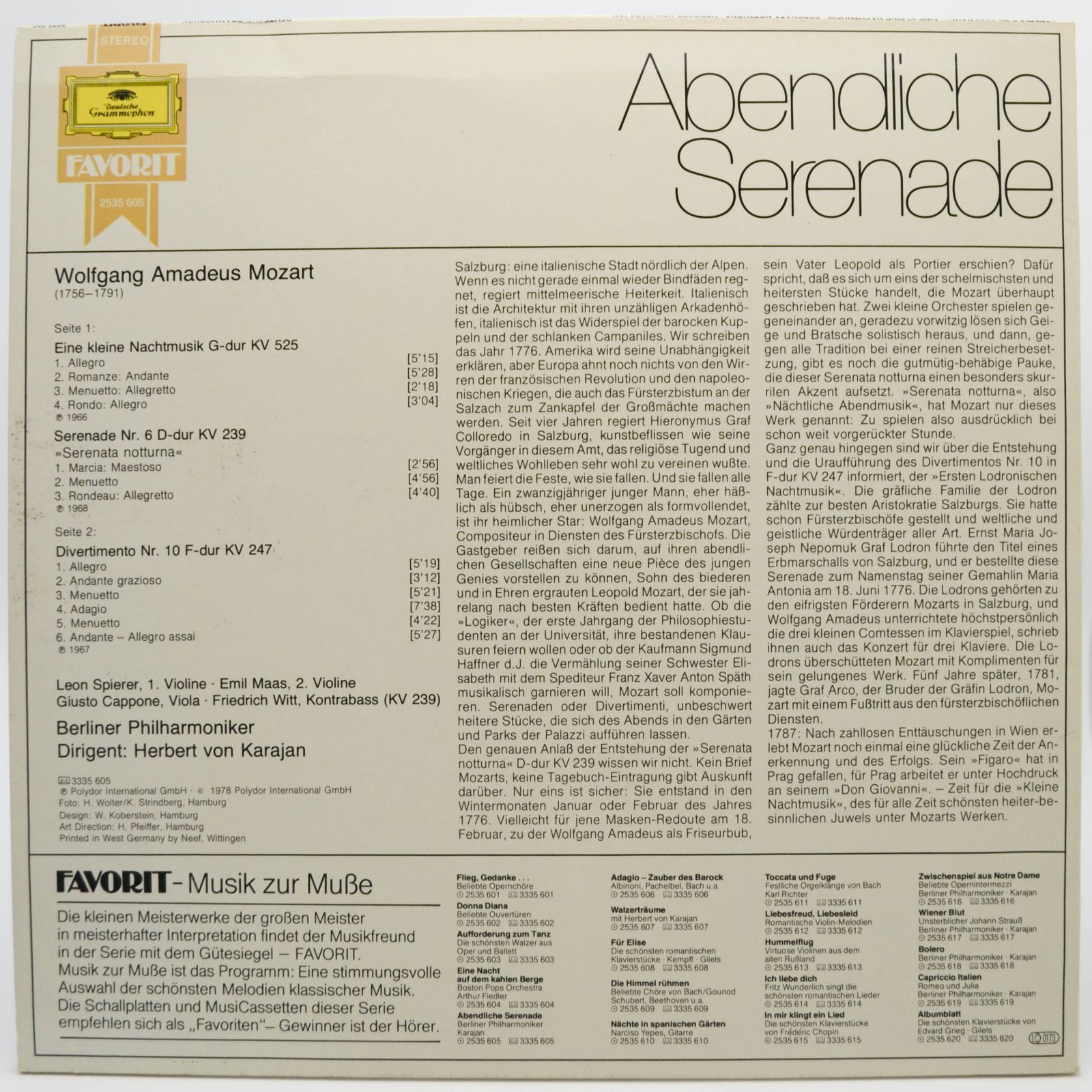 Wolfgang Amadeus Mozart, Berliner Philharmoniker, Karajan — Abendliche Serenade - Eine Kleine Nachtmusik - Serenata Notturna, 1978