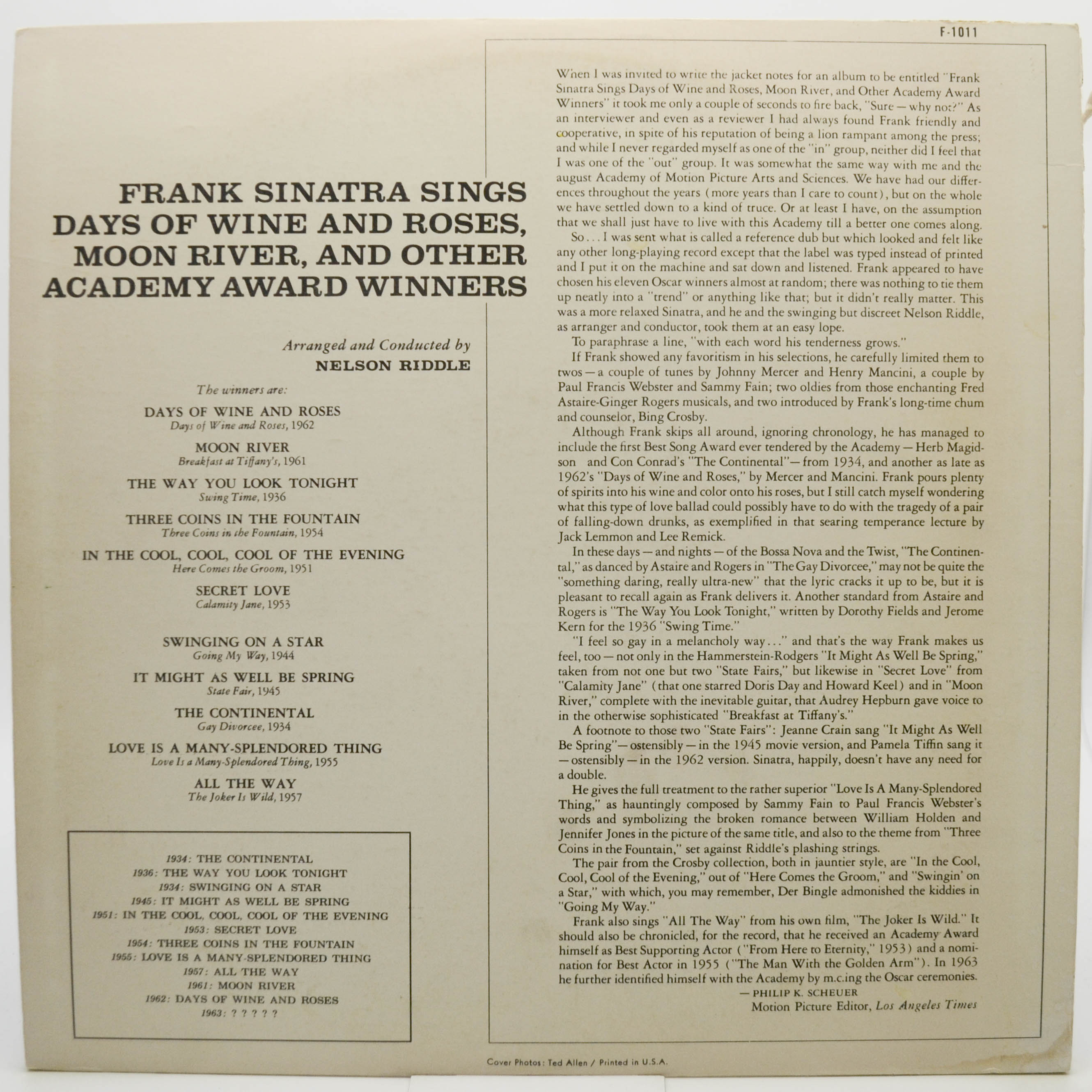Frank Sinatra — Sings Days Of Wine And Roses, Moon River, And Other Academy Award Winners (1-st, USA), 1964