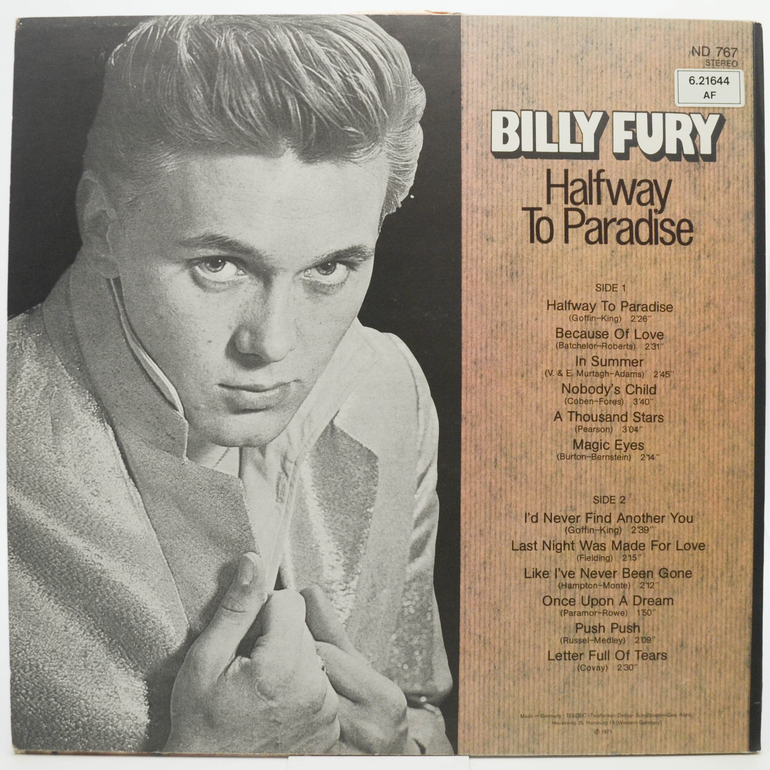 Виниловая пластинка Billy Fury — Halfway To Paradise, 1971