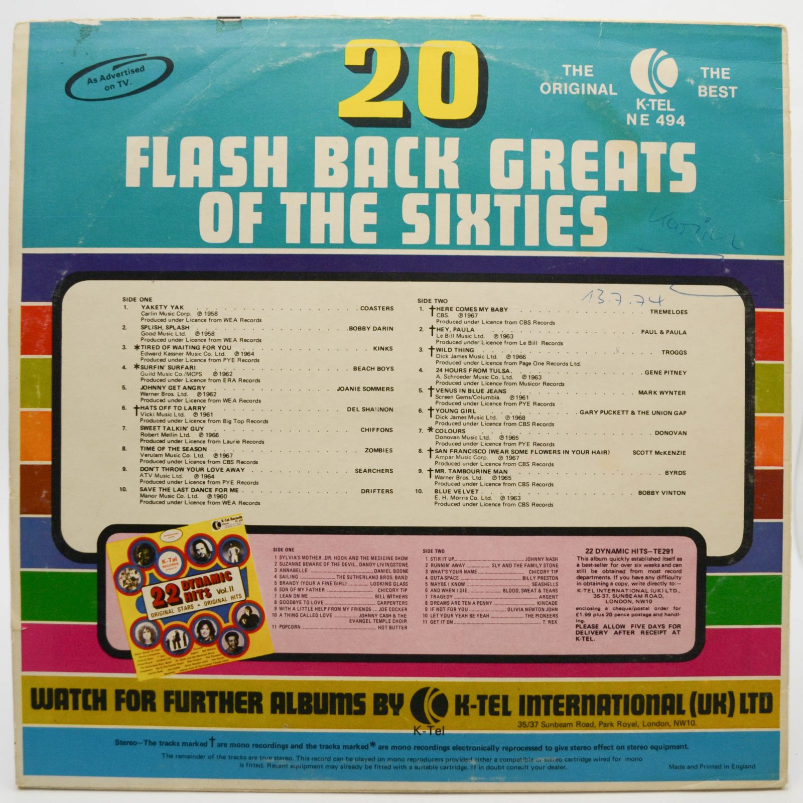 Various — 20 Flash Back Greats Of The Sixties (UK), 1973