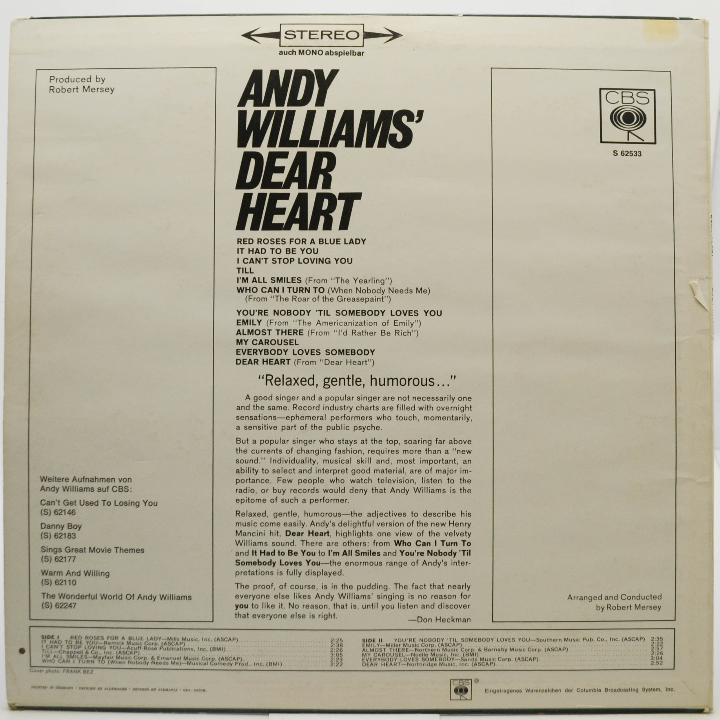 Виниловая пластинка Andy Williams — Andy Williams' Dear Heart, 1965