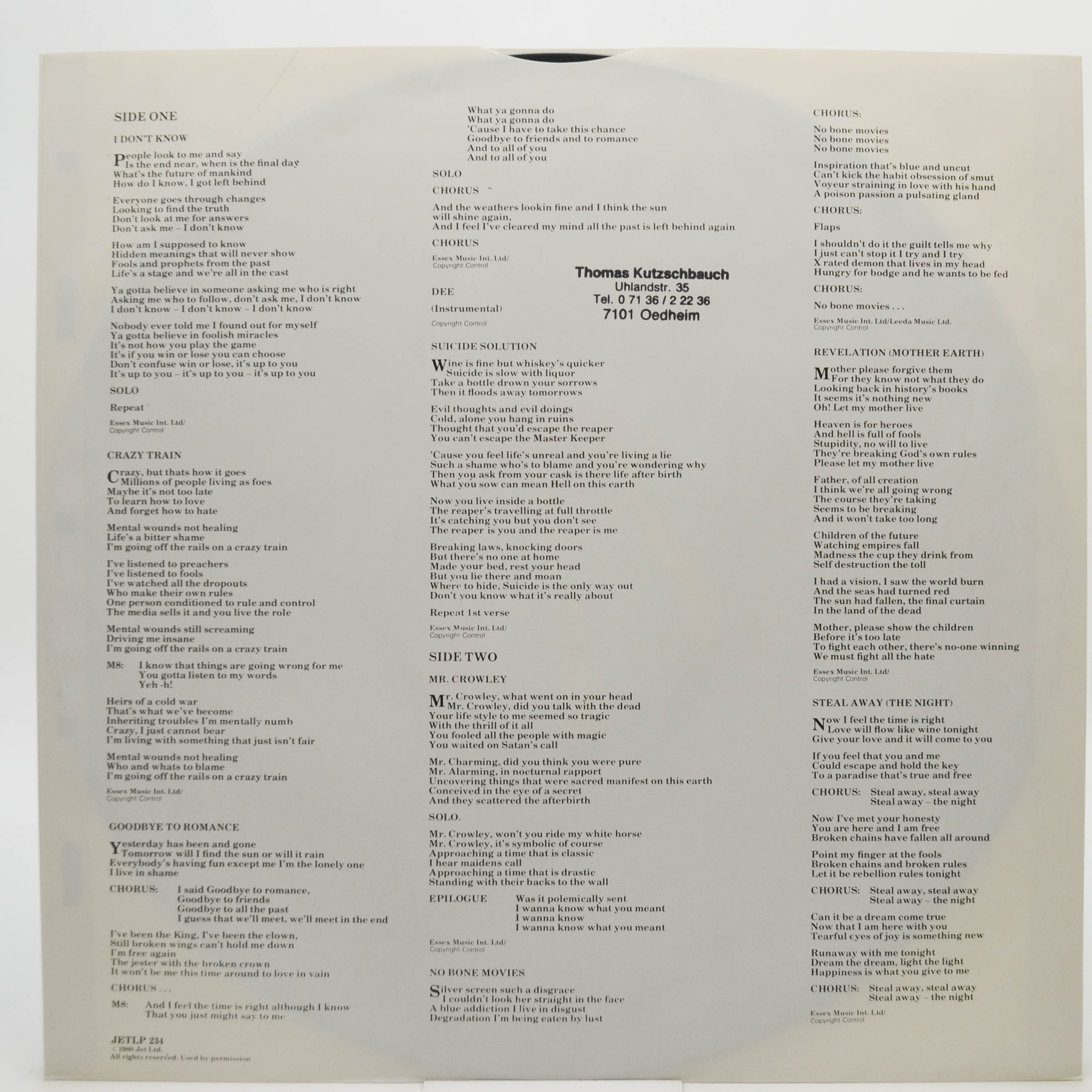 Ozzy Osbourne — Blizzard Of Ozz, 1980