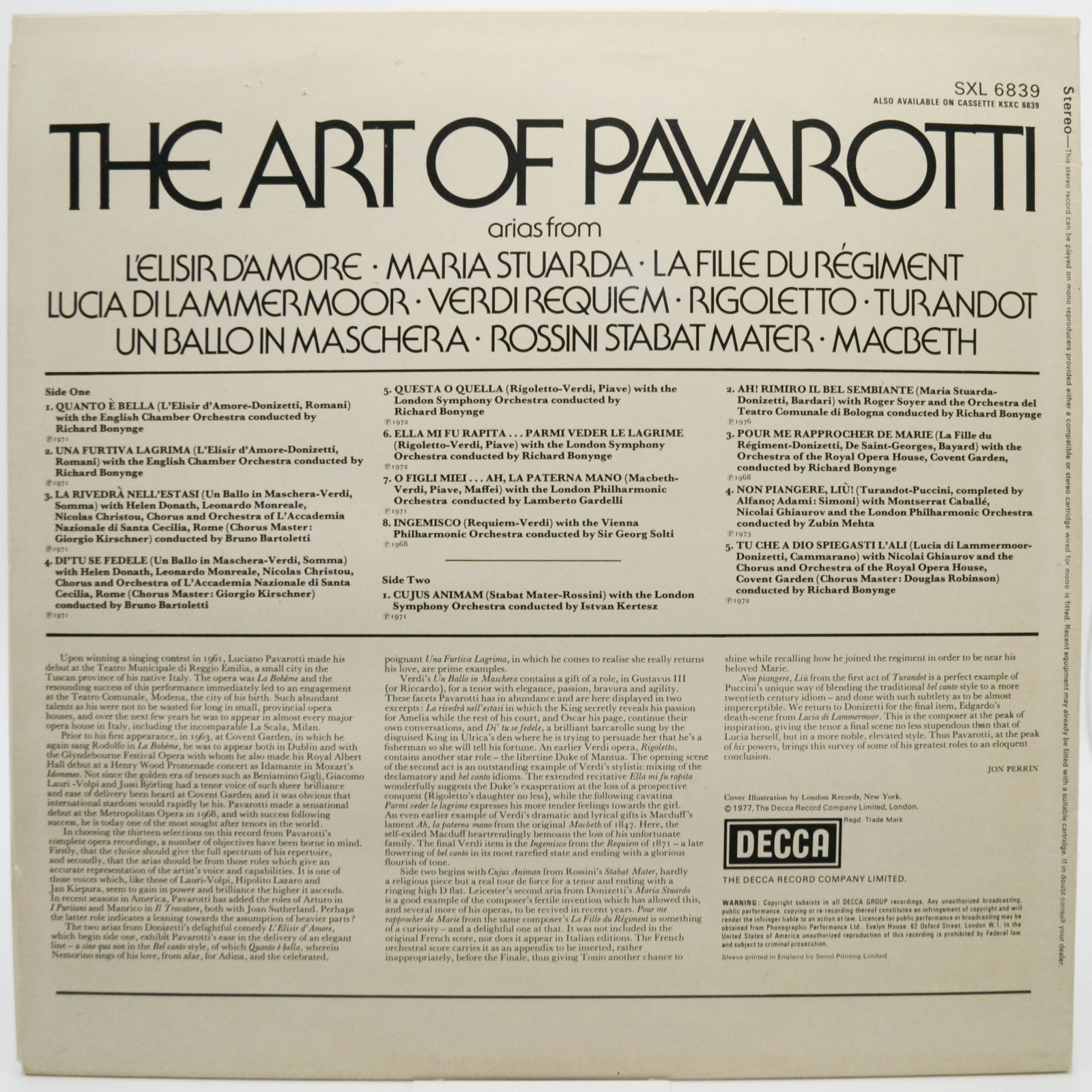 Luciano Pavarotti — The Art Of Pavarotti (UK), 1977