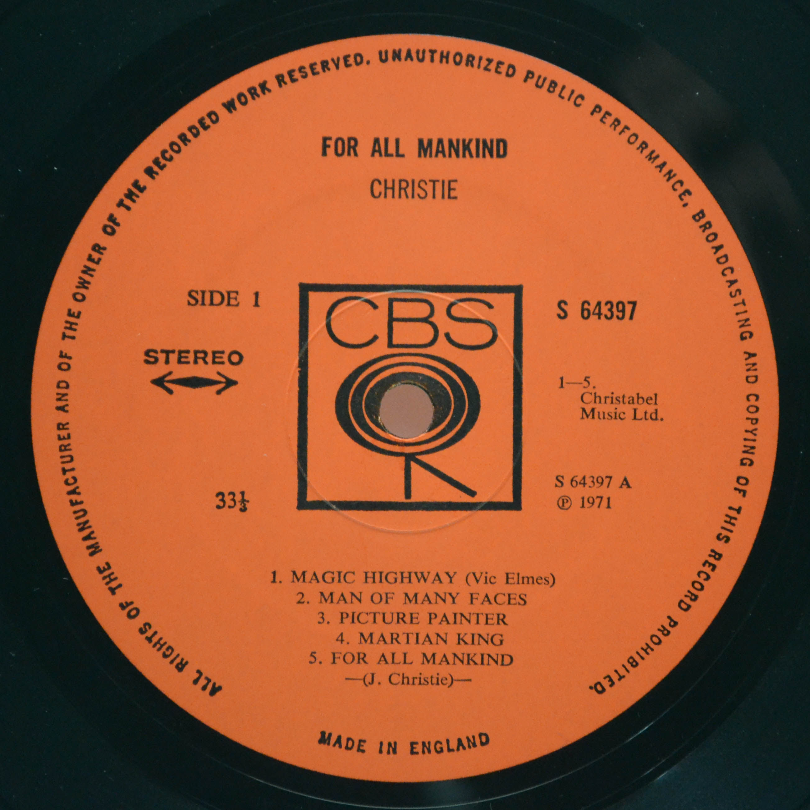 Виниловая пластинка Christie — For All Mankind (1-st, UK), 1971