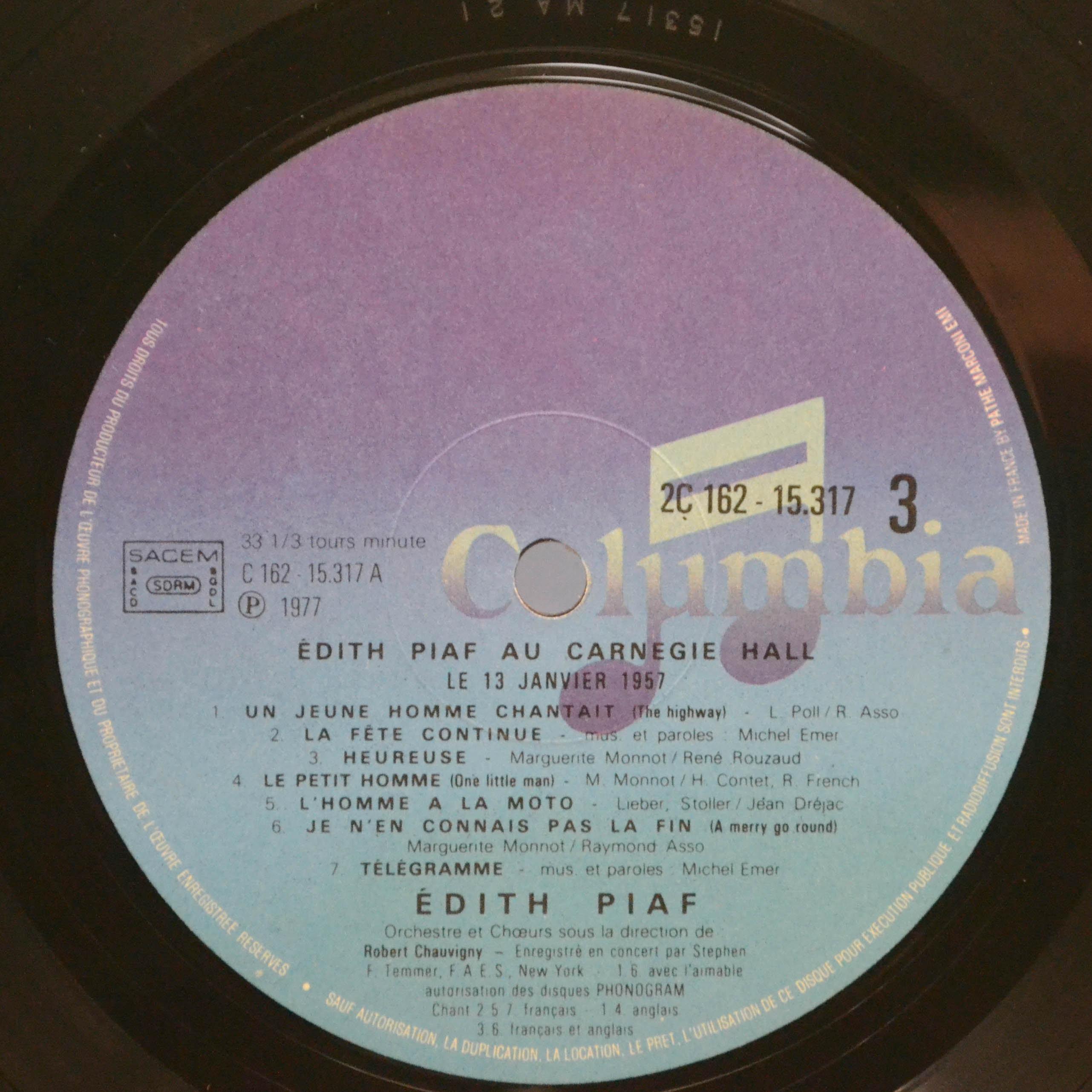 Edith Piaf — Au Carnegie Hall Le 13 Janvier 1957 (2LP, 1-st, France), 1977