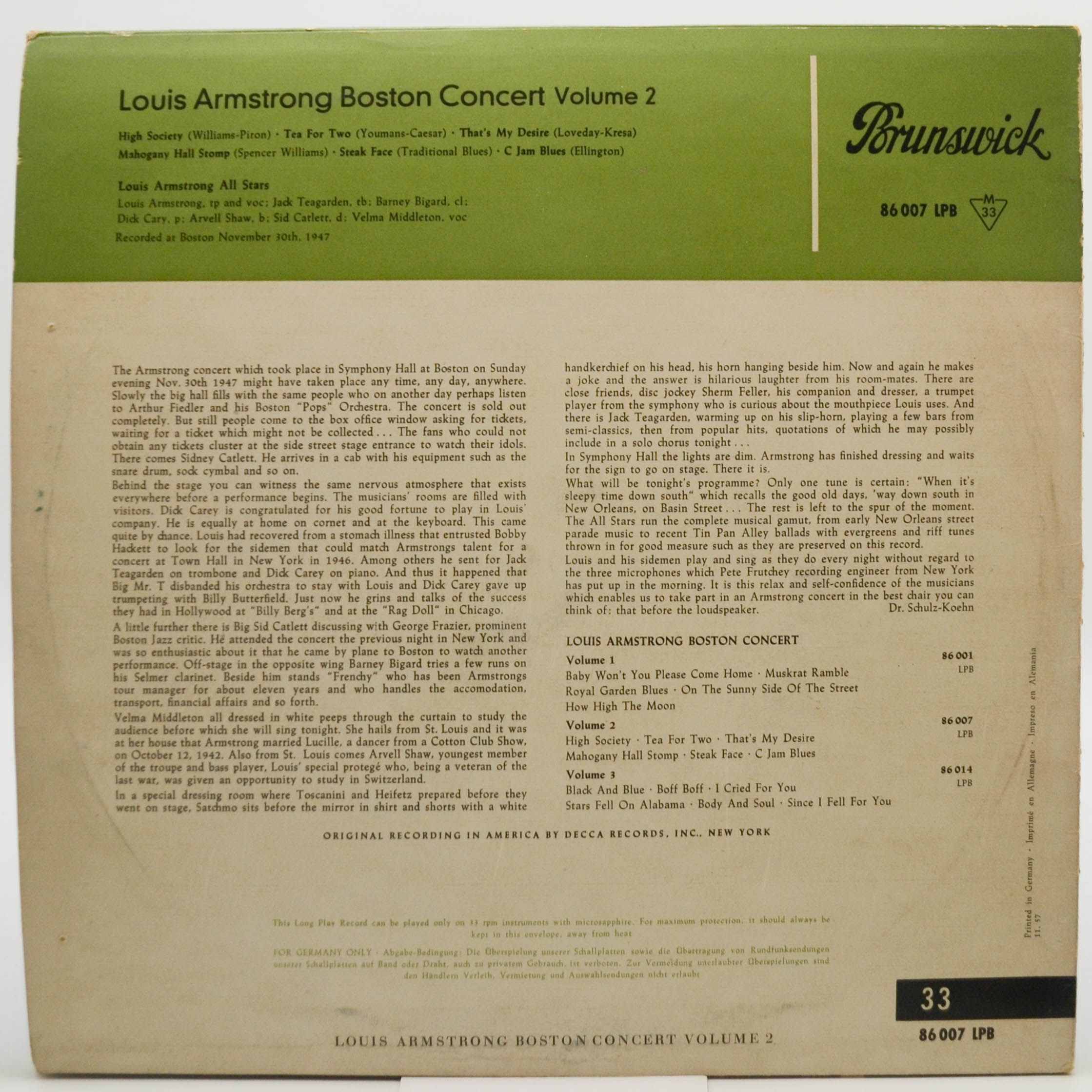Louis Armstrong — Louis Armstrong Boston Concert Volume 2 (10"), 1952