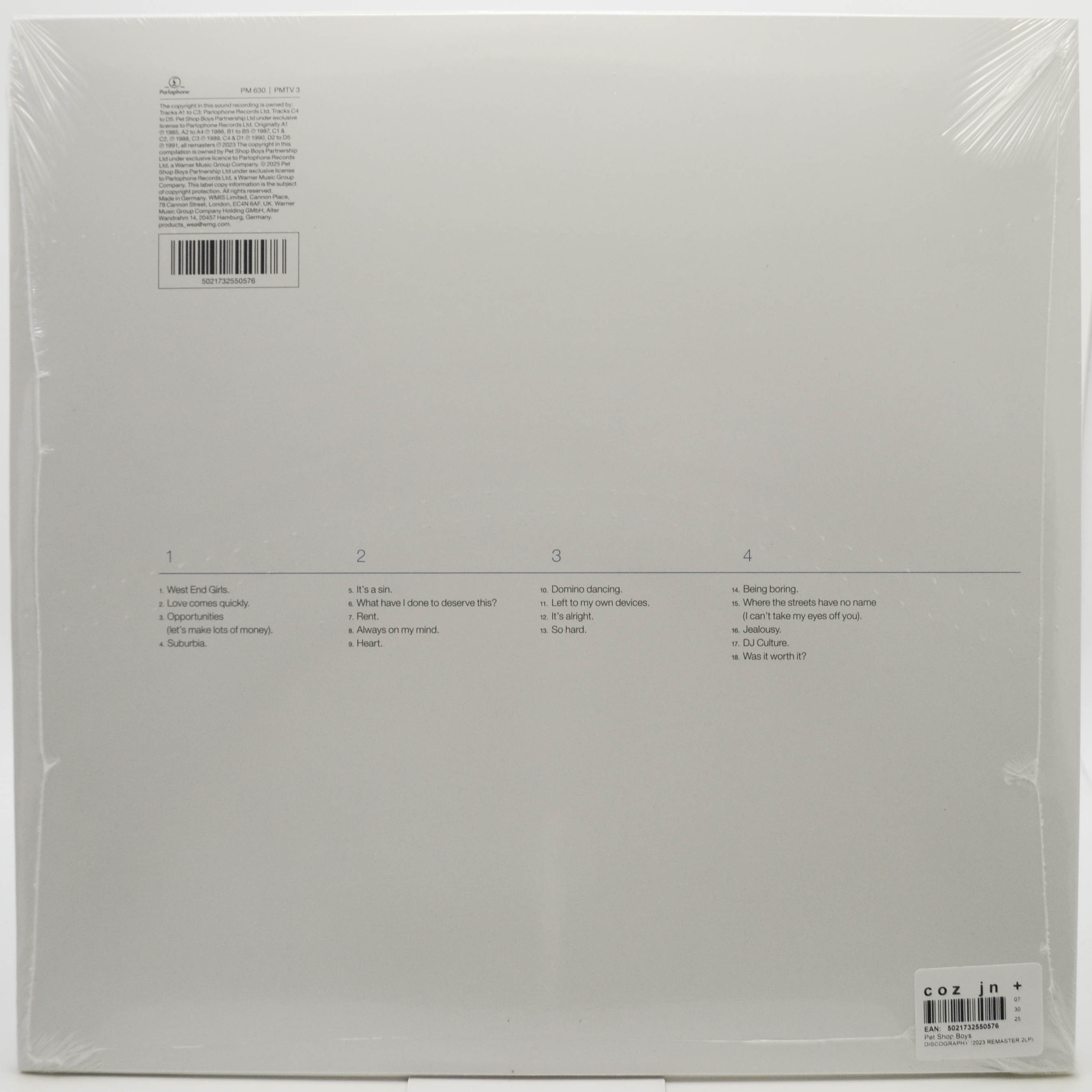 Pet Shop Boys — Discography (The Complete Singles Collection 1985-1991) (2LP), 1991