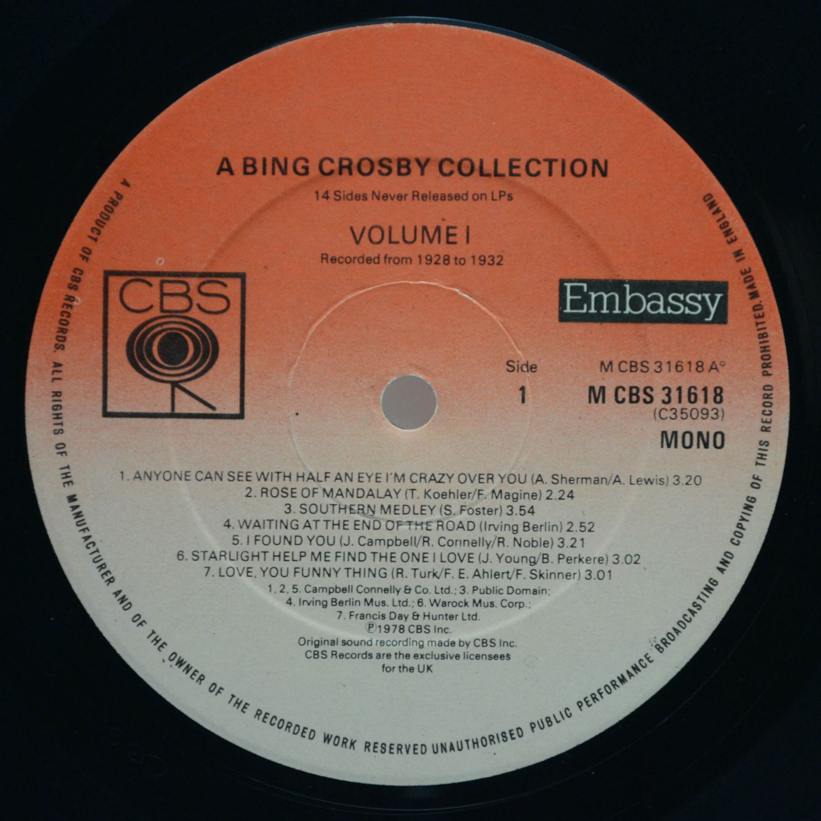 Bing Crosby — A Bing Crosby Collection - Volume I (UK), 1978