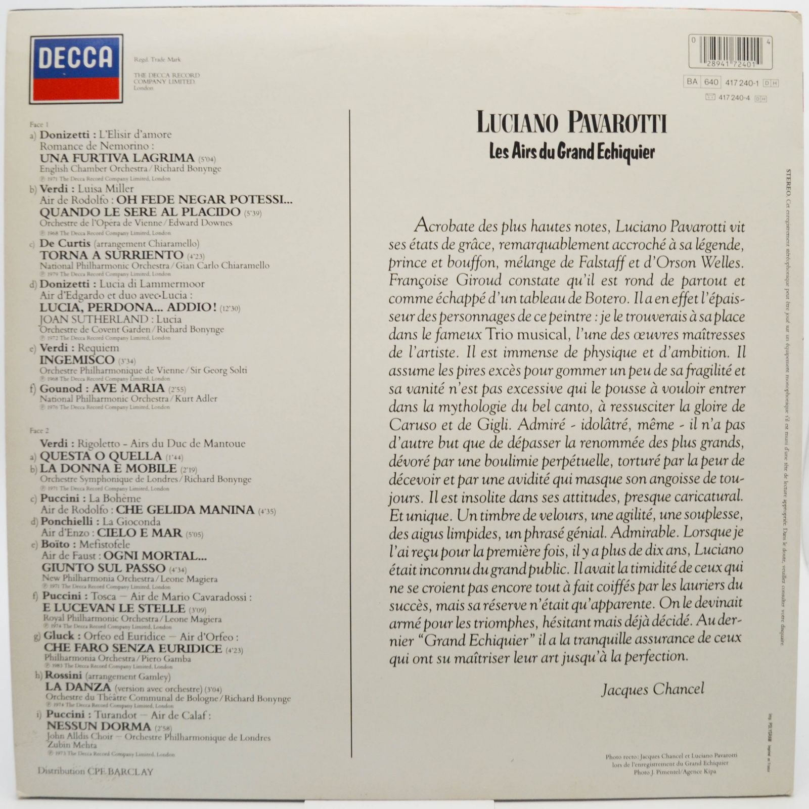Luciano Pavarotti — Les Airs Du Grand Echiquier, 1986
