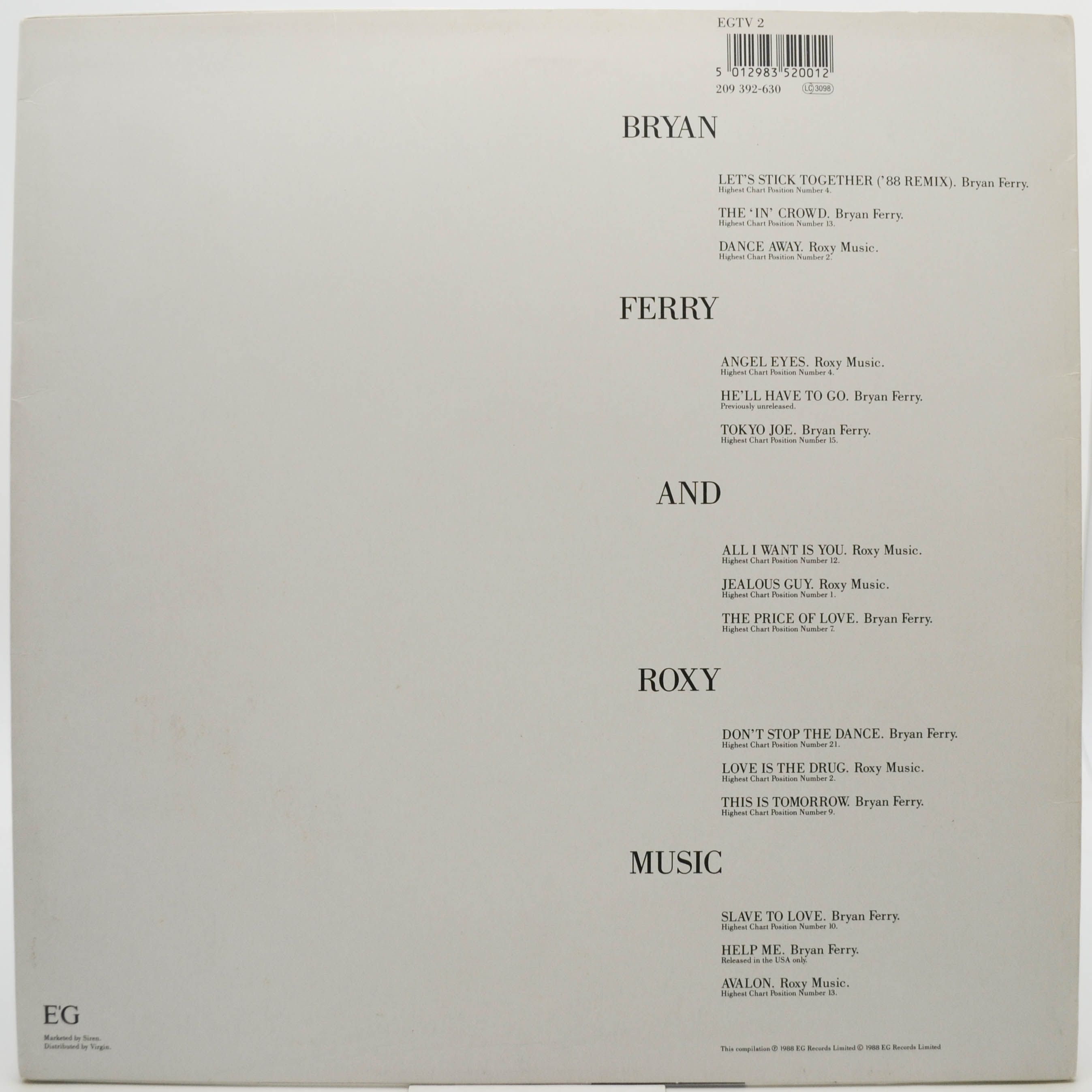 Bryan Ferry / Roxy Music — Bryan Ferry - The Ultimate Collection With Roxy Music (1-st UK), 1988