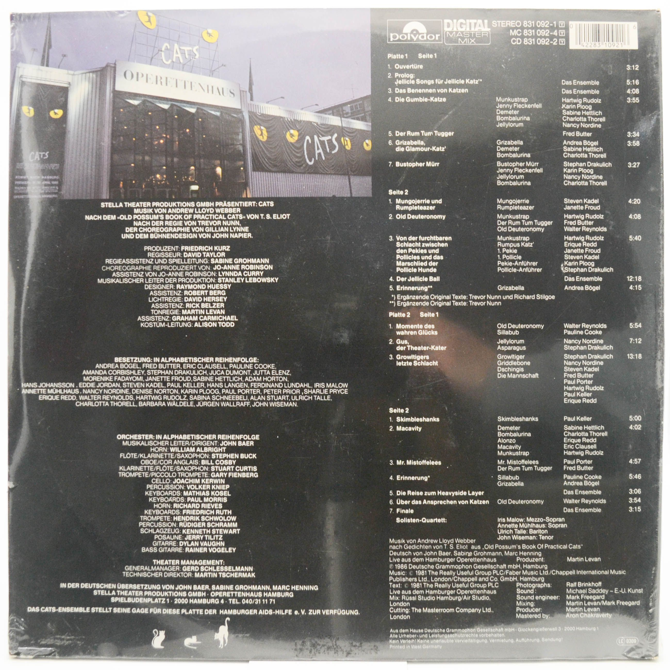 Andrew Lloyd Webber — Cats Live - Deutsche Gesamtaufnahme Aus Dem Hamburger Operettenhaus (2LP), 1986