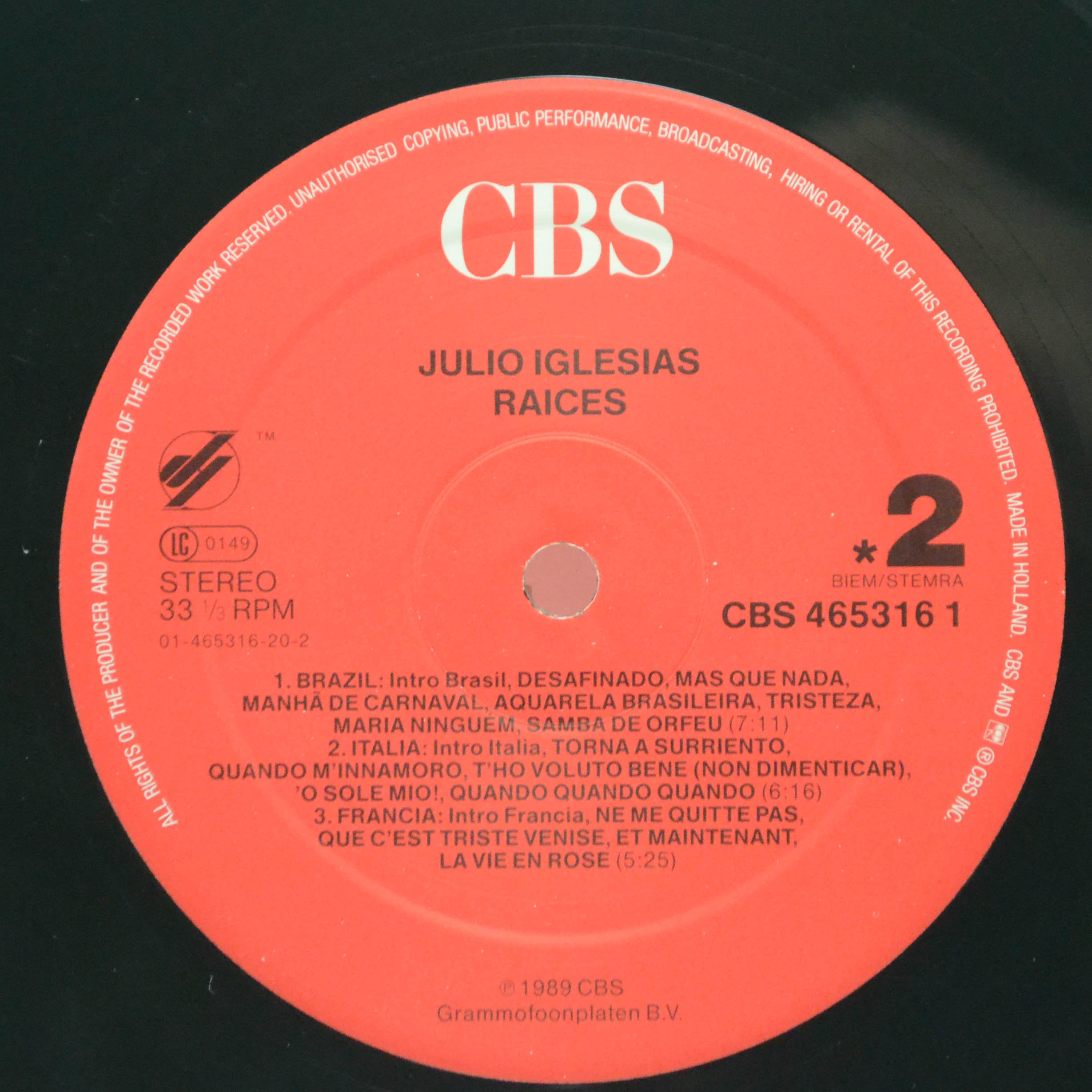 Виниловая пластинка Julio Iglesias — Raices, 1989
