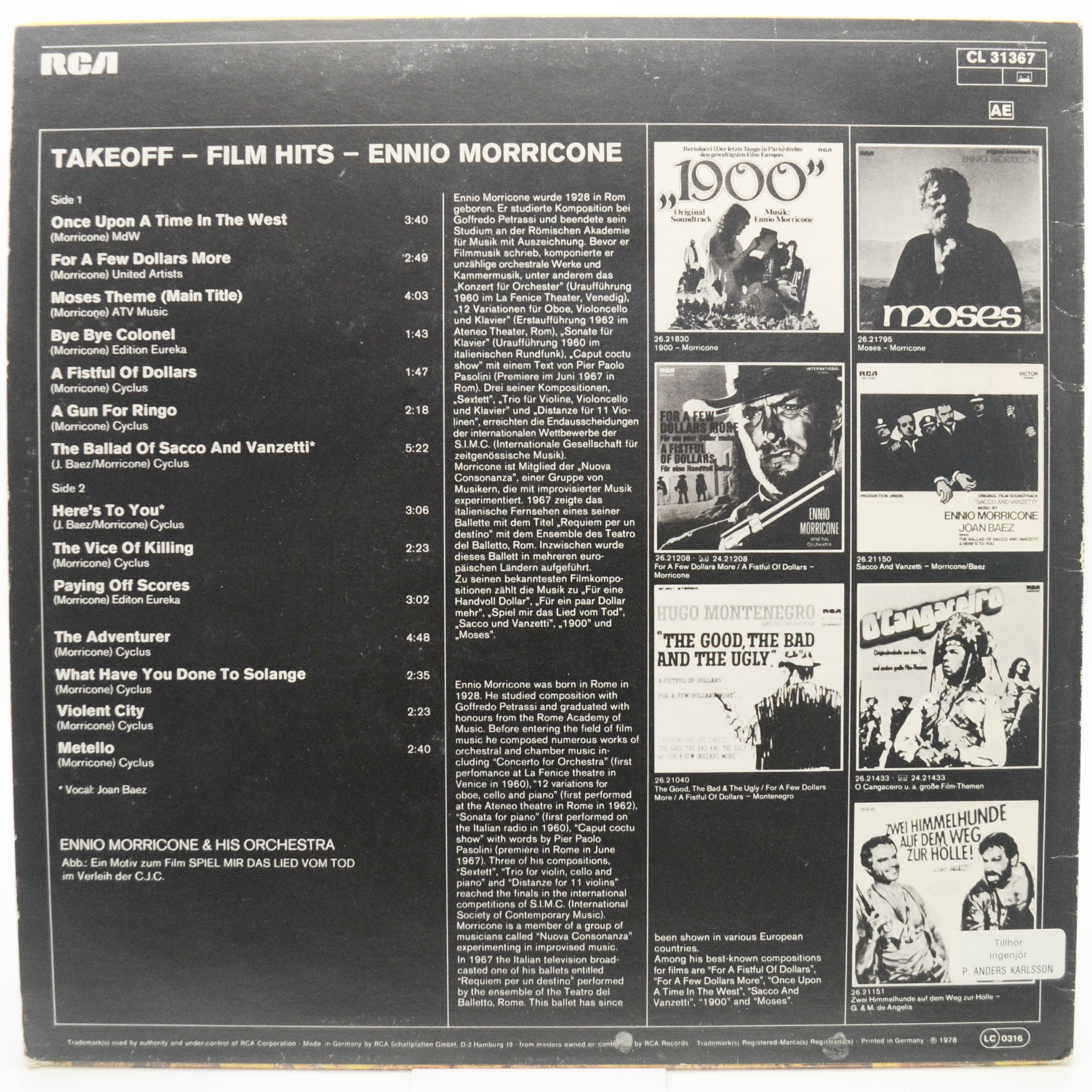 Виниловая пластинка Ennio Morricone — Film Hits, 1978