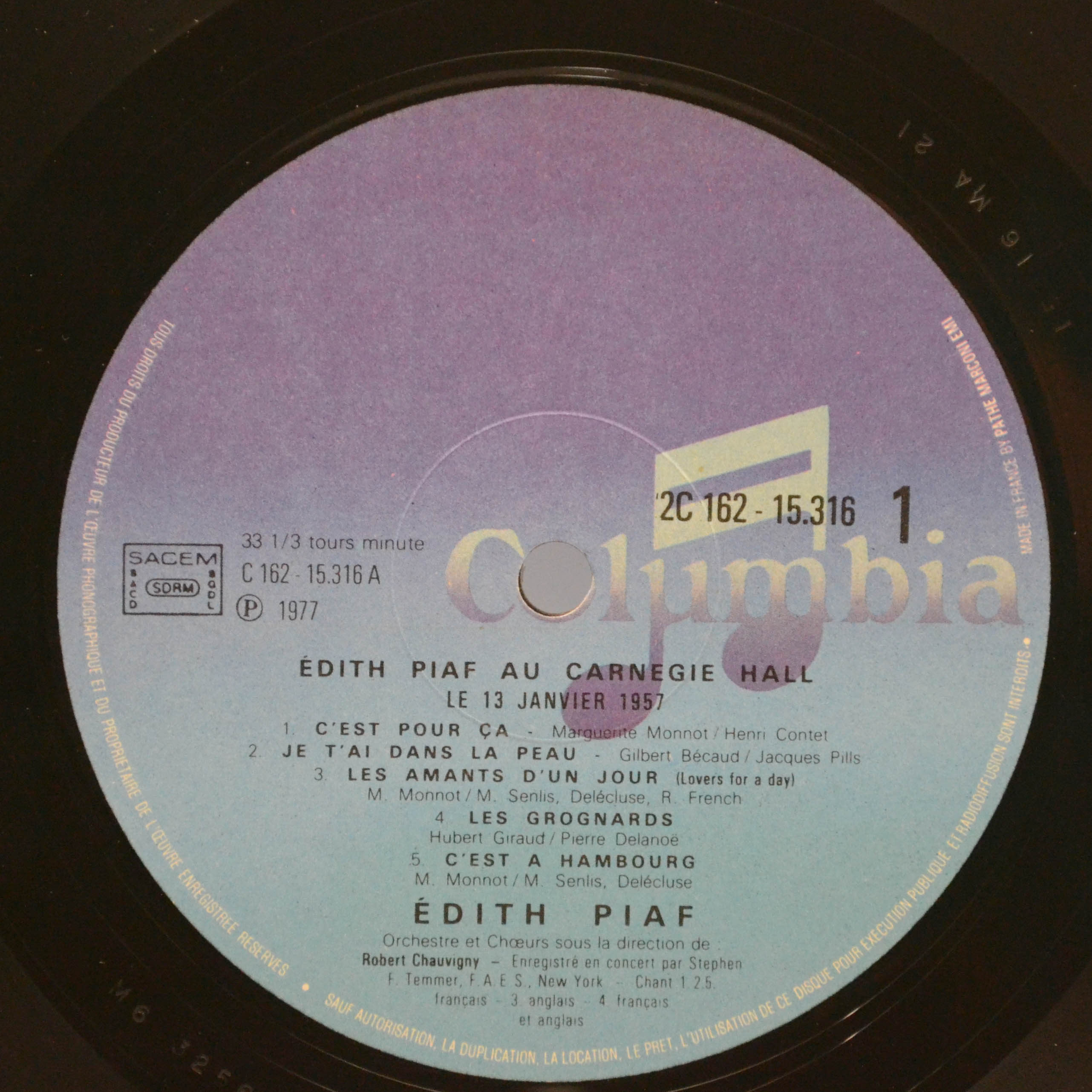 Edith Piaf — Au Carnegie Hall Le 13 Janvier 1957 (2LP, 1-st, France), 1977