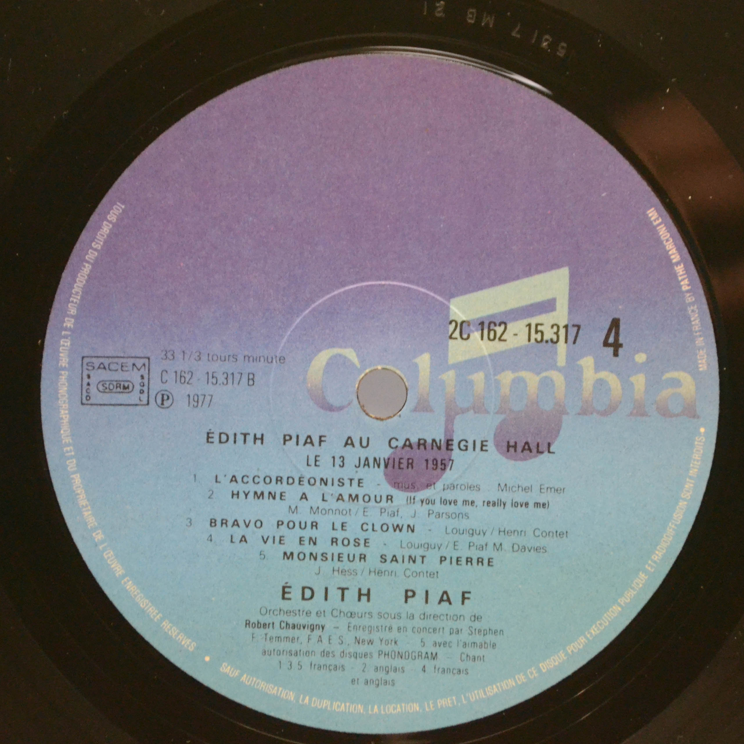 Edith Piaf — Au Carnegie Hall Le 13 Janvier 1957 (2LP, 1-st, France), 1977