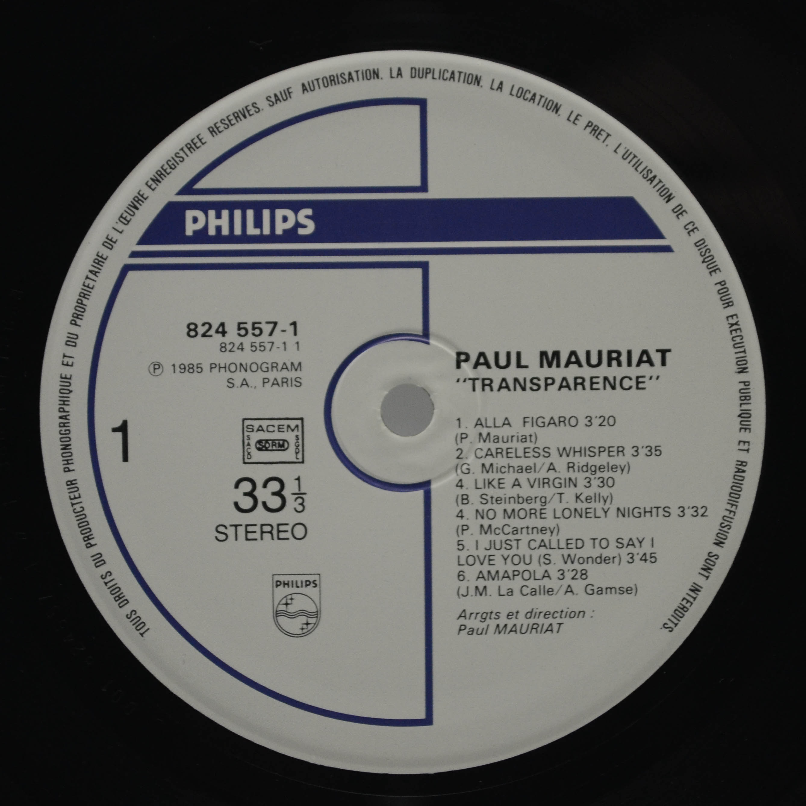 Paul Mauriat — Transparence (1-st, France), 1985