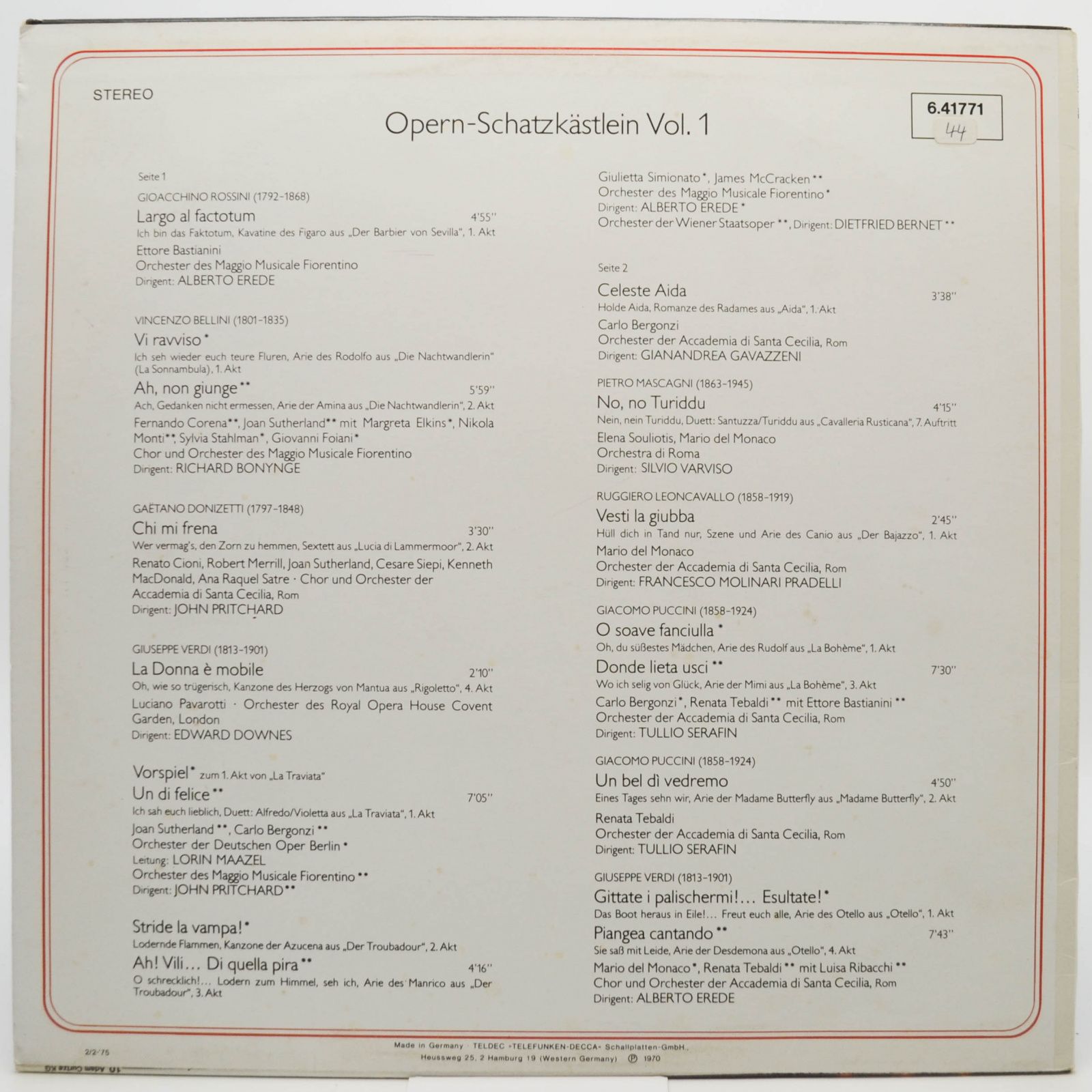Various — Das Opern-Schatzkästlein Vol.1, 1970