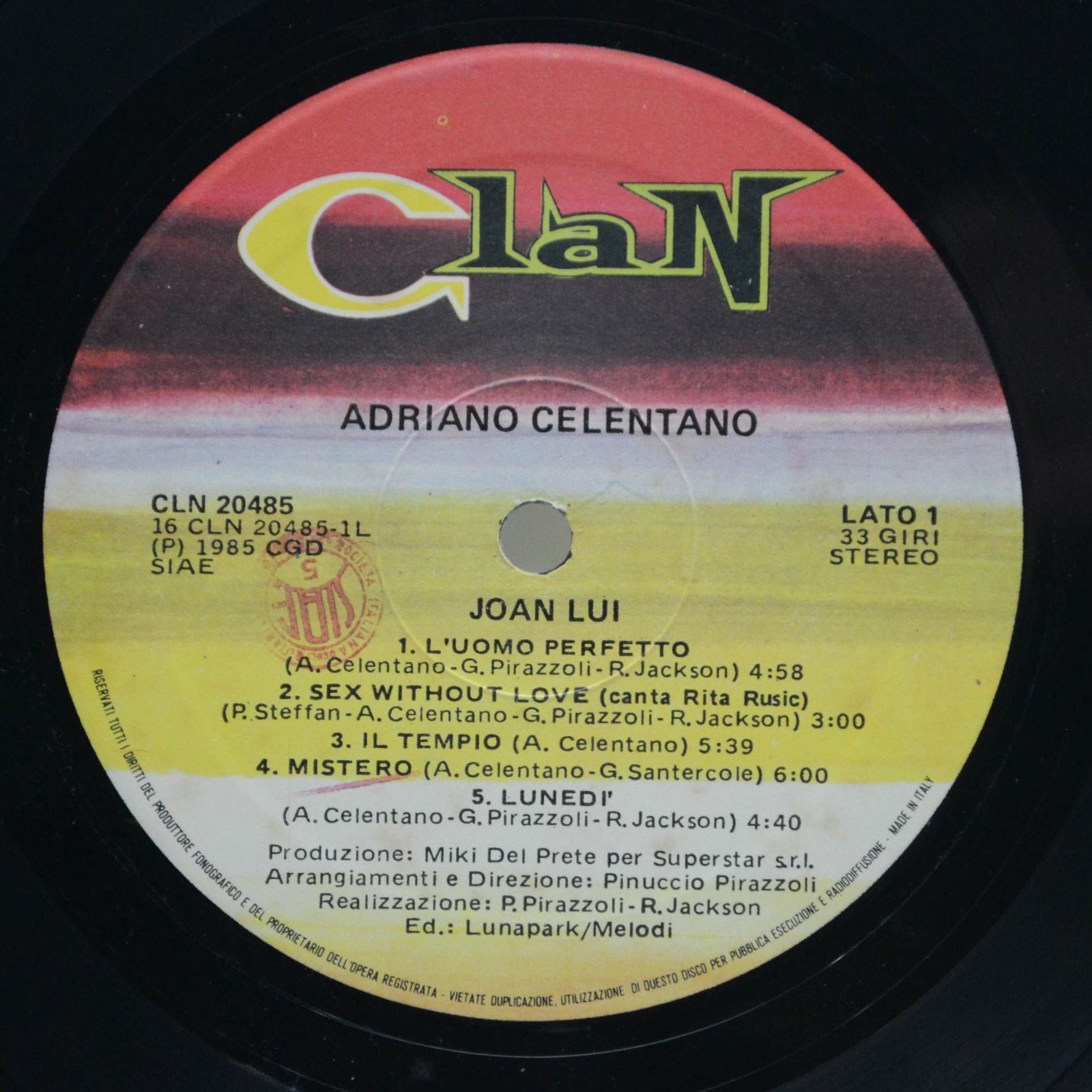 Adriano Celentano — Joan Lui (1-st, Italy, Clan, poster), 1985