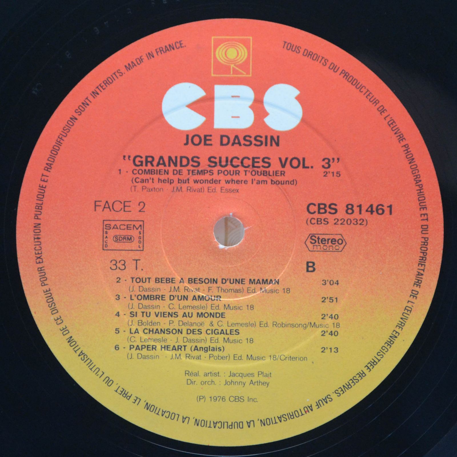 Joe Dassin — Grands Succès Vol. 3 (2LP, France), 1976