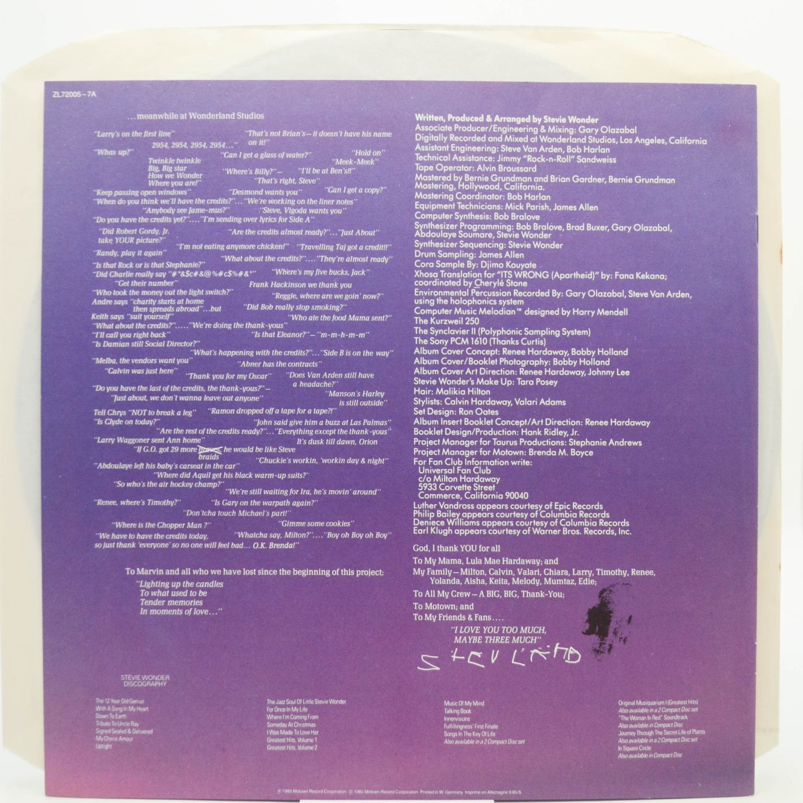 Stevie Wonder — In Square Circle (booklet), 1985