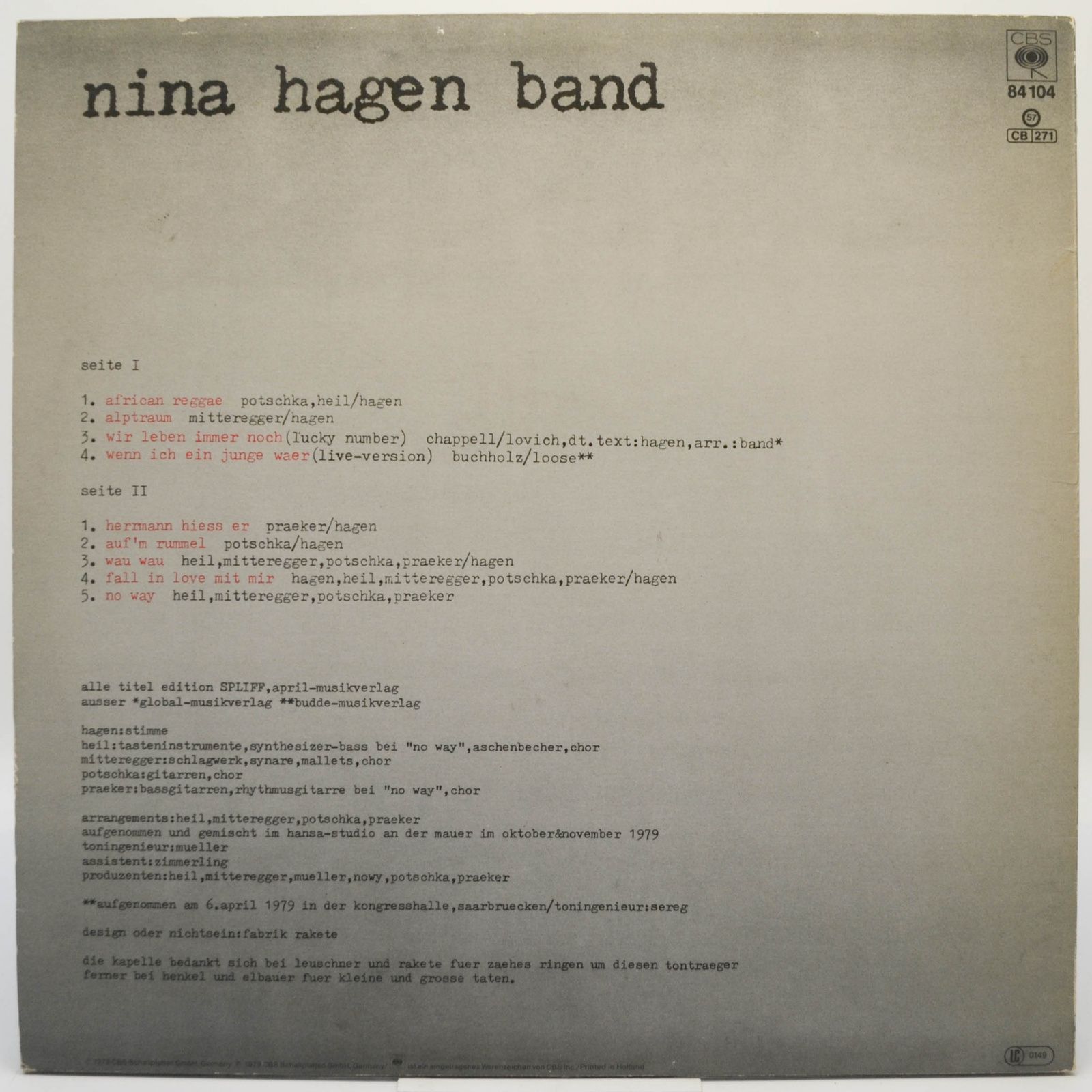 Nina Hagen Band — Unbehagen, 1979