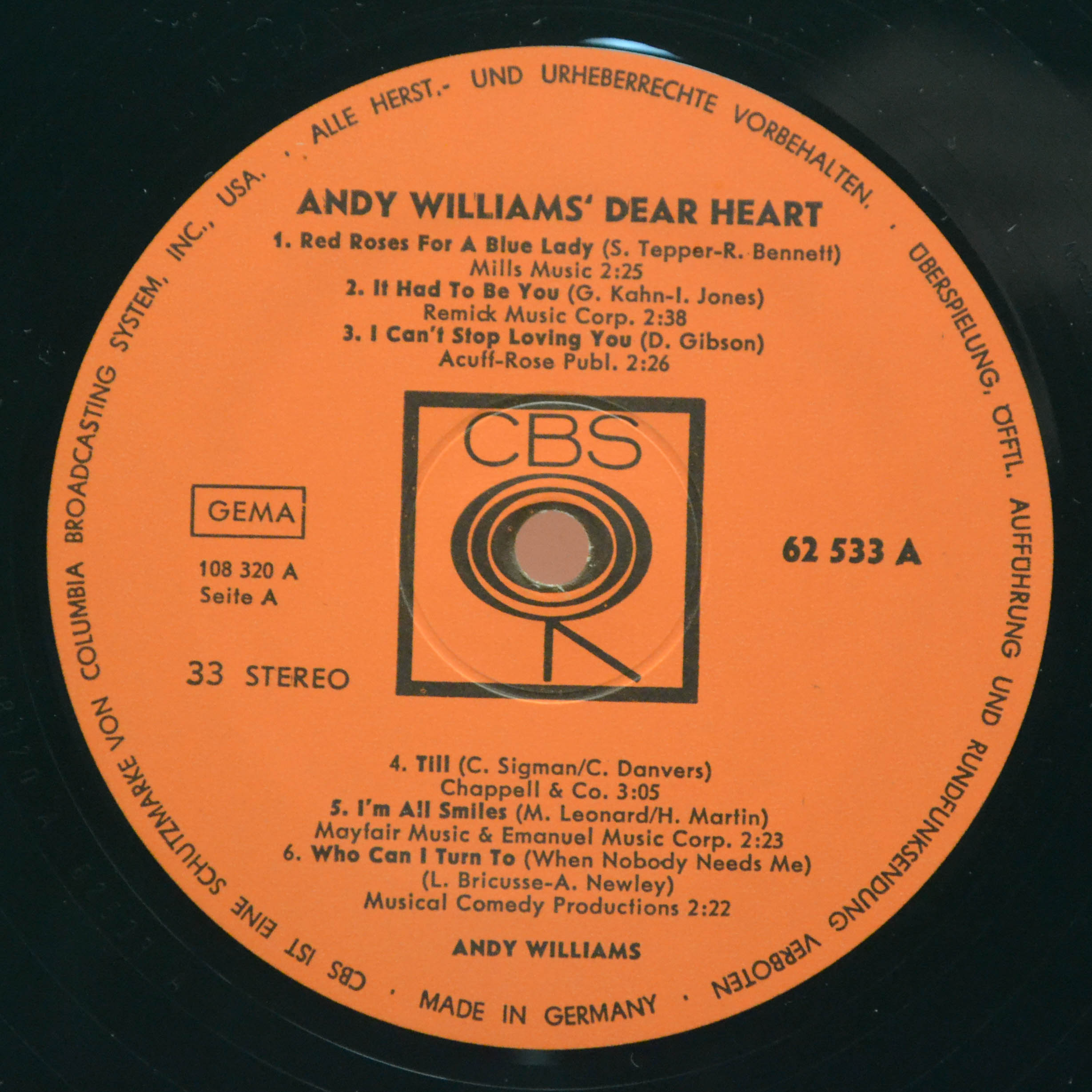 Виниловая пластинка Andy Williams — Andy Williams' Dear Heart, 1965