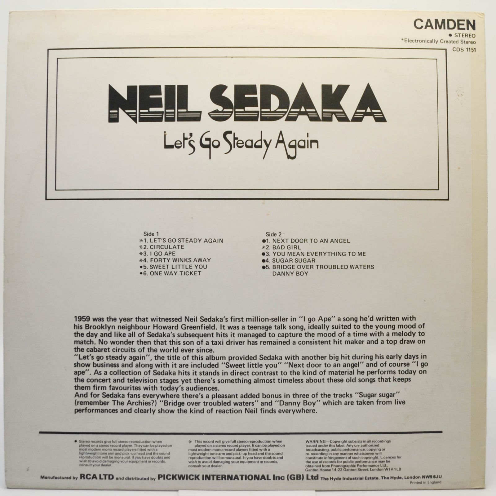 Neil Sedaka — Let's Go Steady Again (UK), 1975