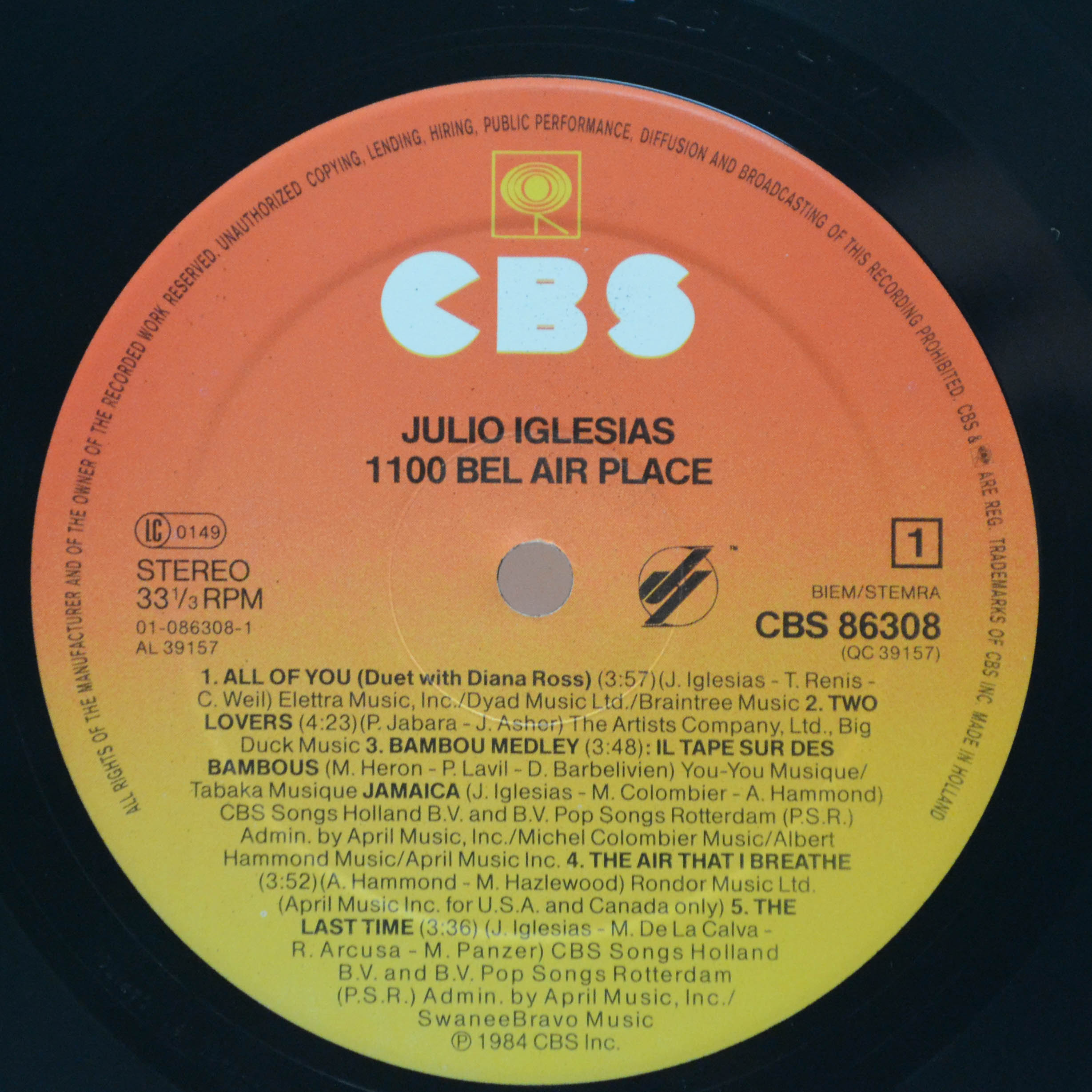 Виниловая пластинка Julio Iglesias — 1100 Bel Air Place, 1984