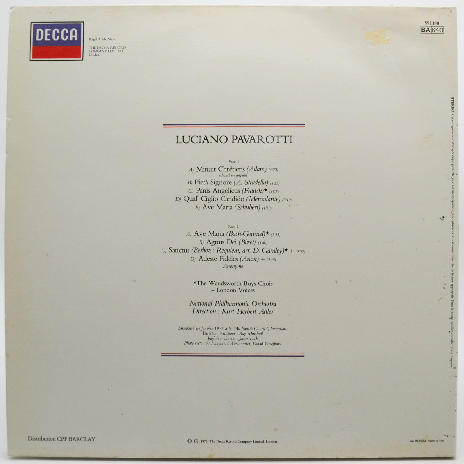 Luciano Pavarotti - Kurt Herbert Adler ● National Philharmonic — "Minuit Chretiens", 1976