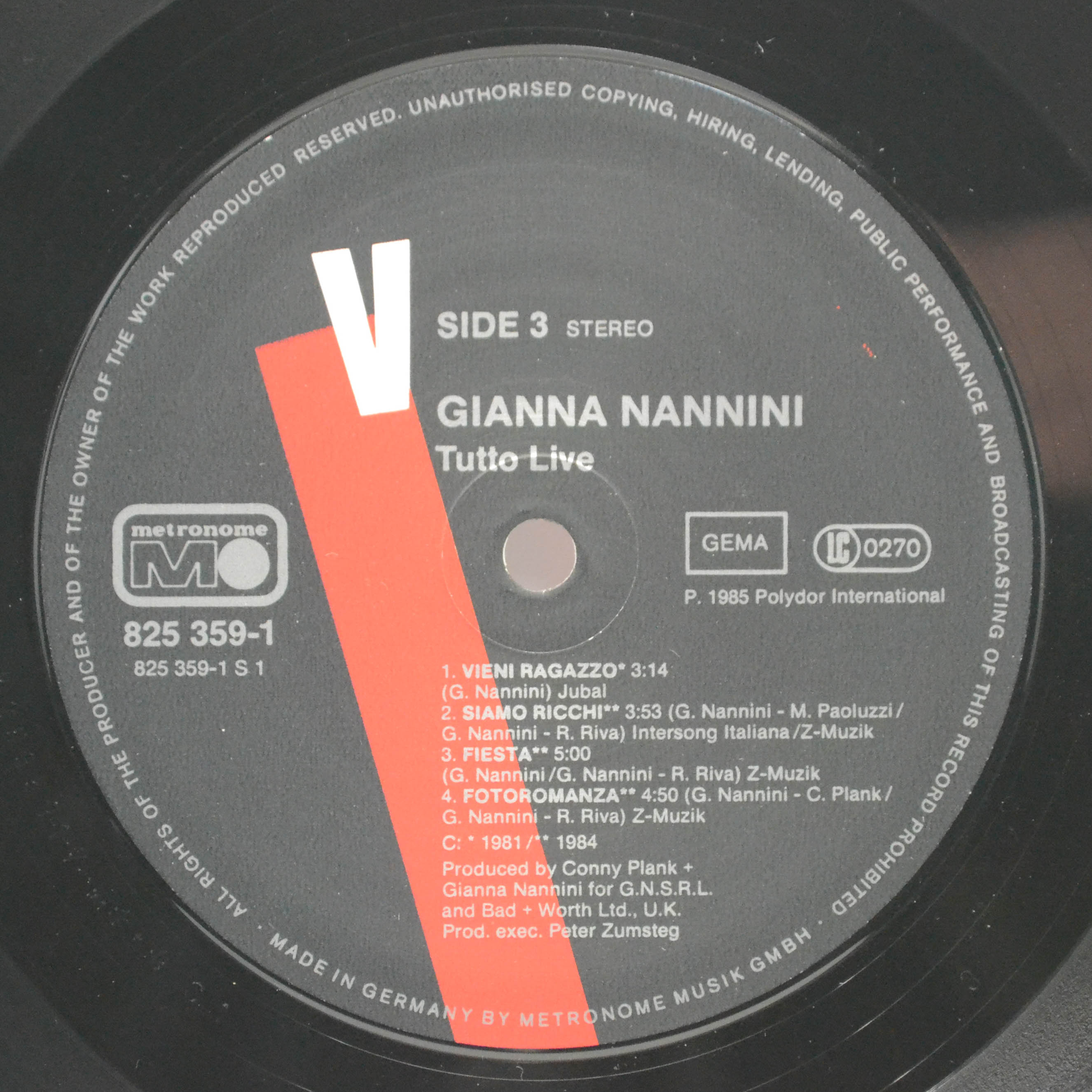 Gianna Nannini & The Primadonnas — Tutto Live (2LP), 1985