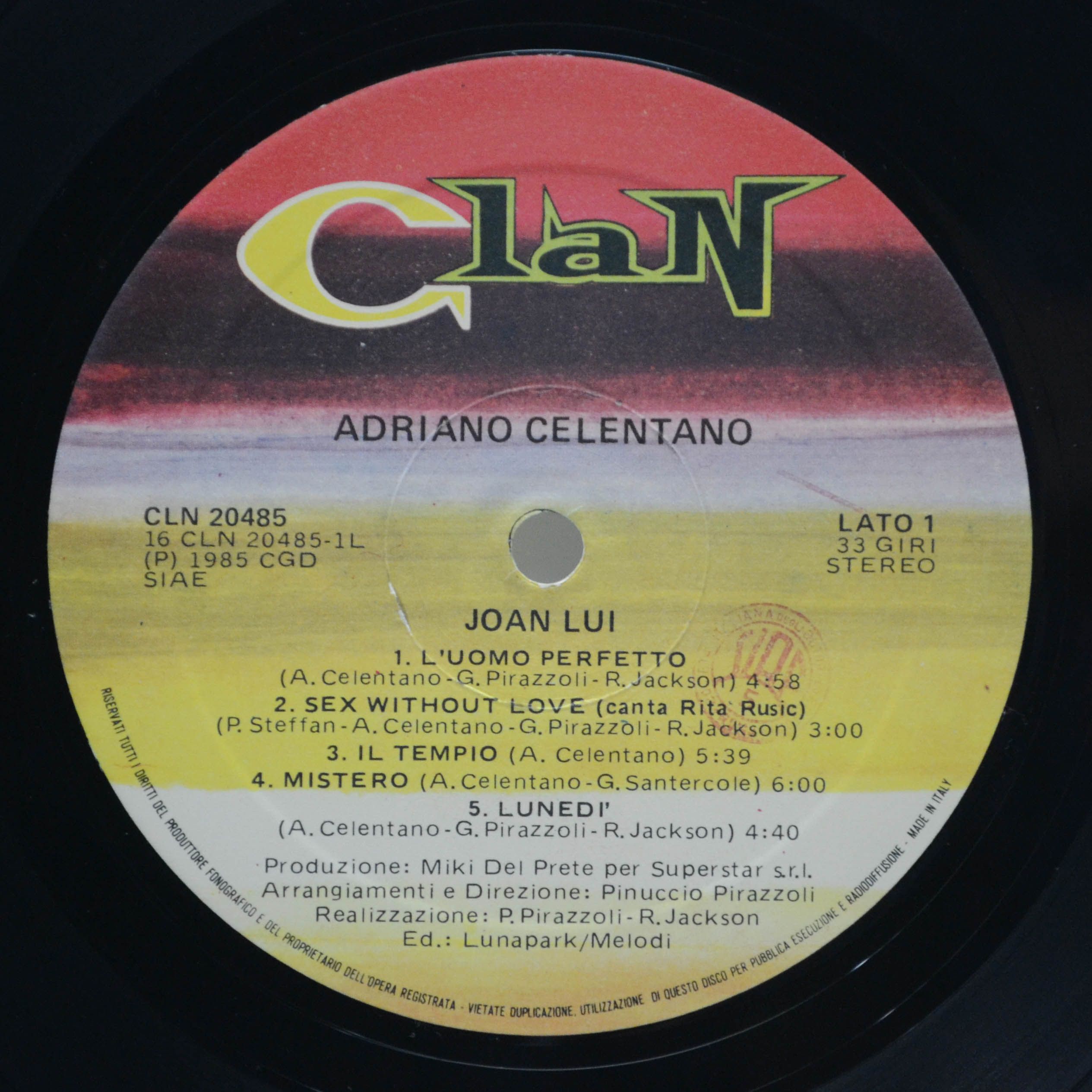 Adriano Celentano — Joan Lui (1-st, Italy, Clan, poster), 1985