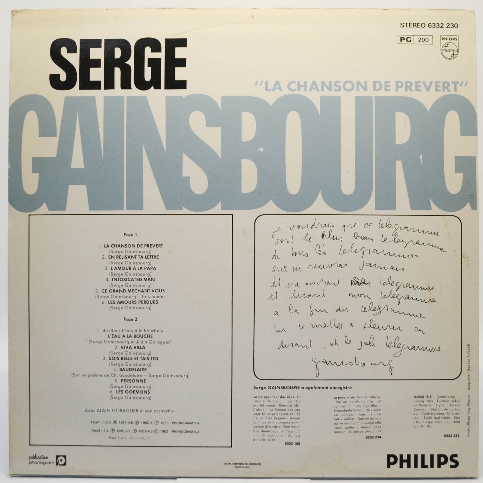 Serge Gainsbourg — La Chanson De Prévert, 1969