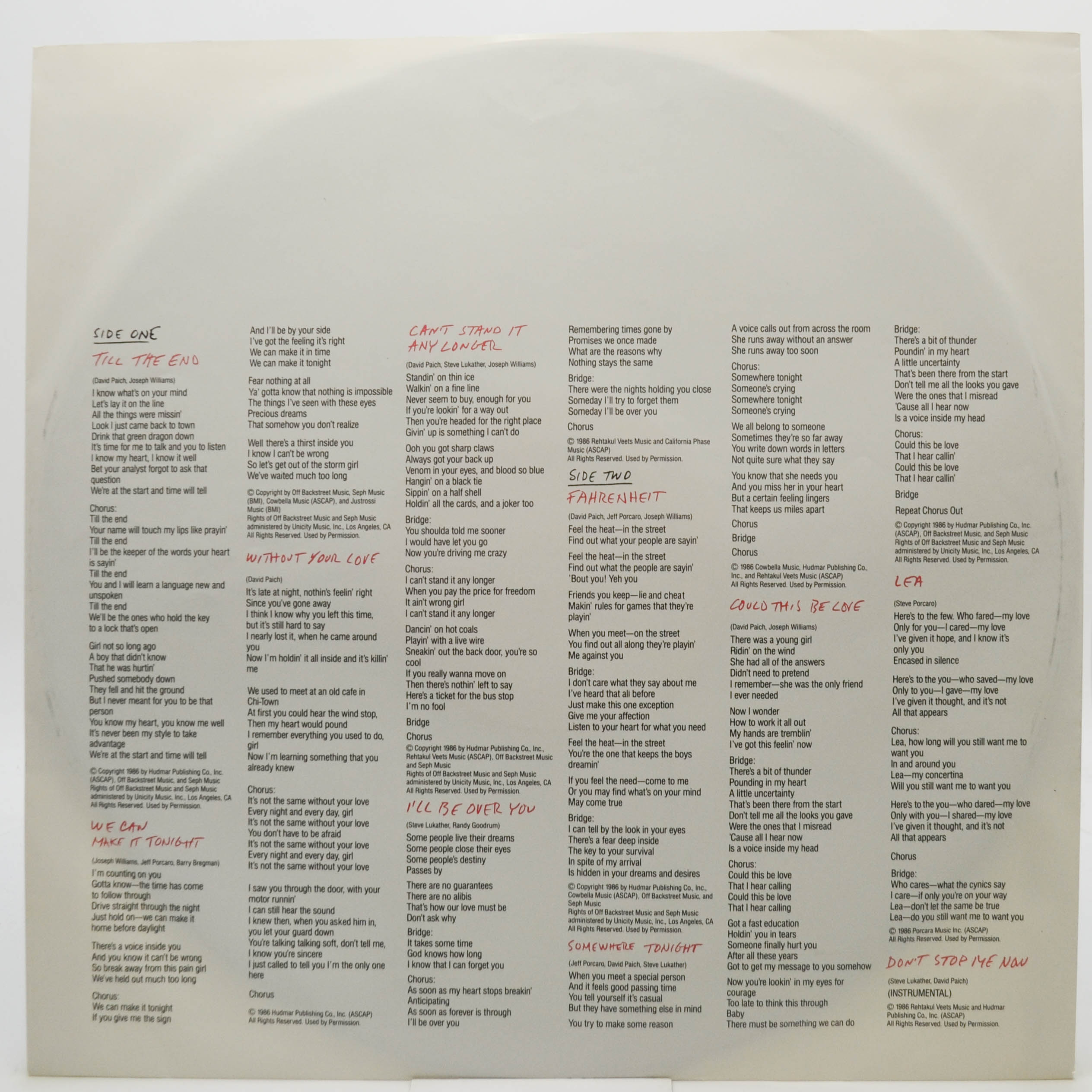 Toto — Fahrenheit, 1986