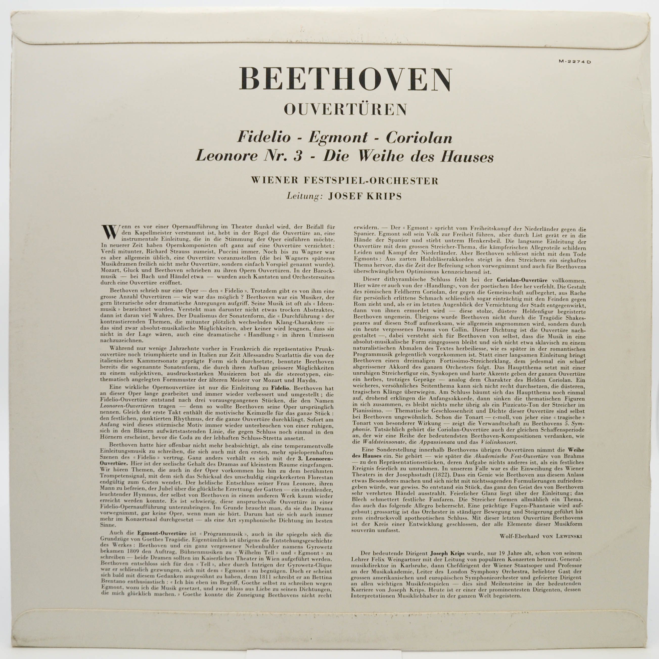 Beethoven - Wiener Festspielorchester, Josef Krips — Ouvertüren: Fidelio / Egmont / Coriolan / Leonore Nr. 3 / Die Weihe Des Hauses, 1966