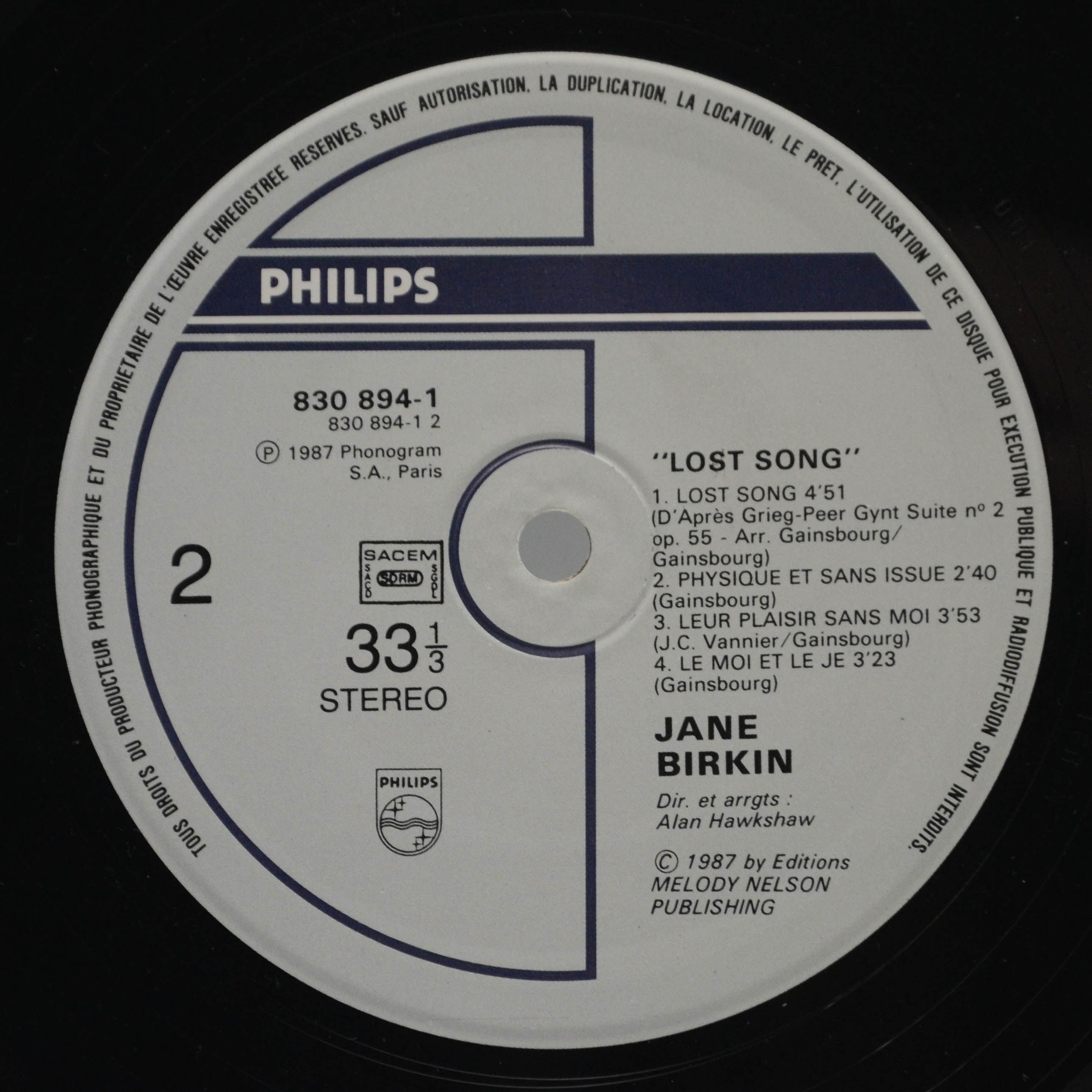 Jane Birkin — Lost Song (1-st, France), 1987