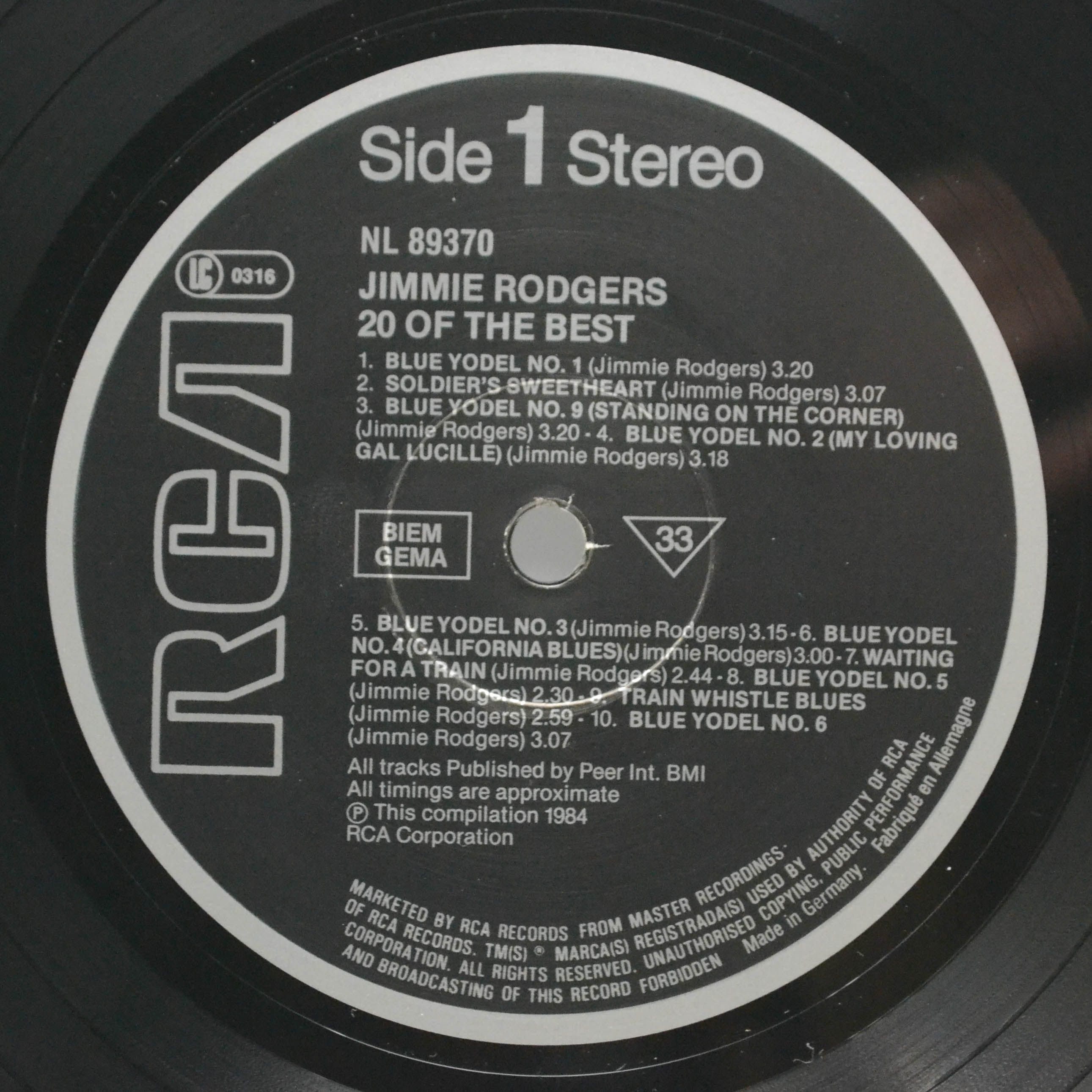 Виниловая пластинка Jimmie Rodgers — 20 Of The Best, 1984