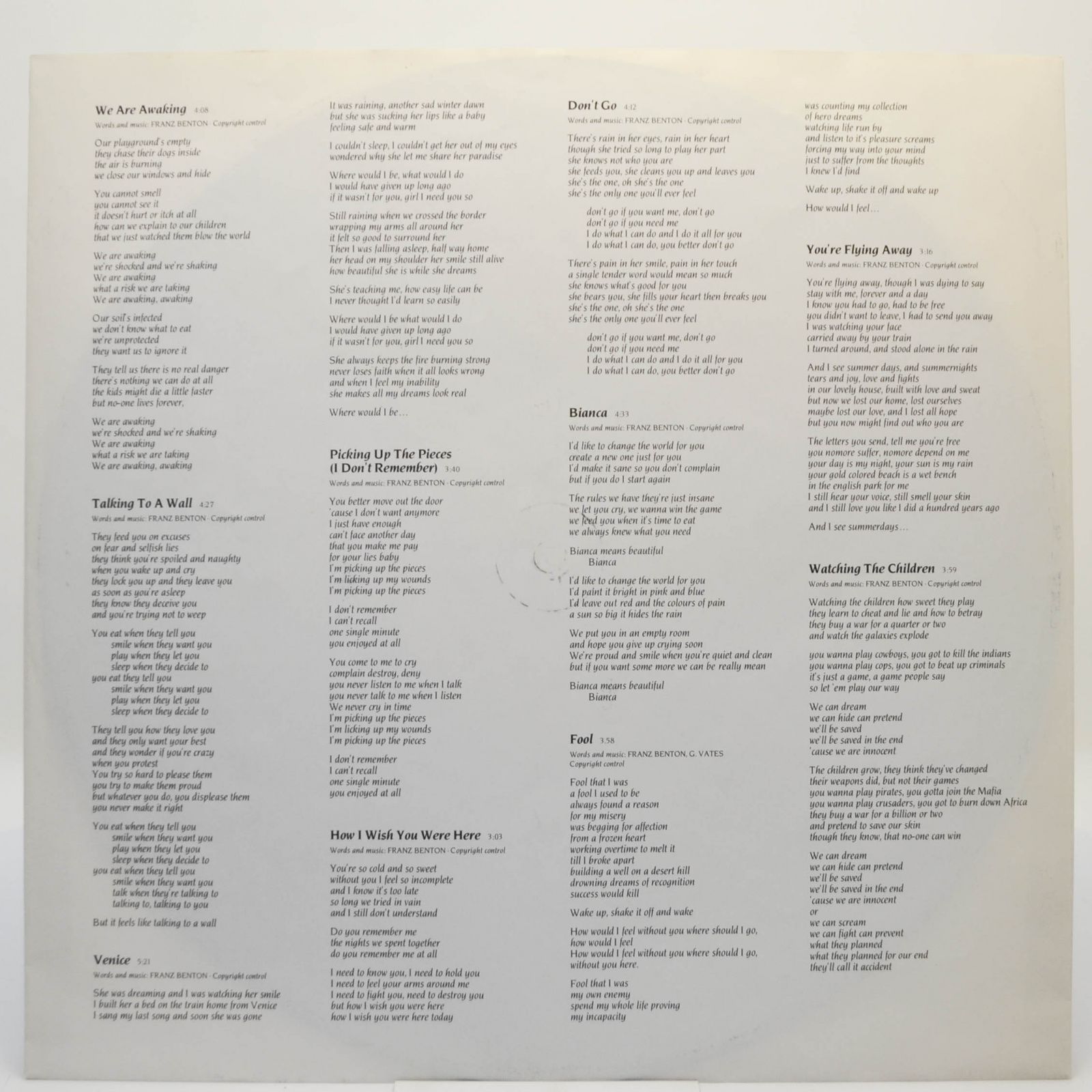 Franz Benton — Talking To A Wall, 1986