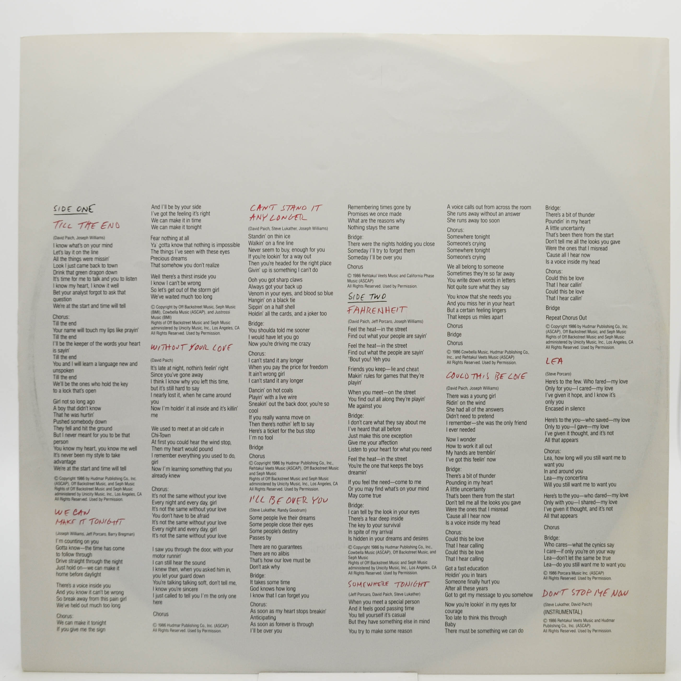 Toto — Fahrenheit, 1986