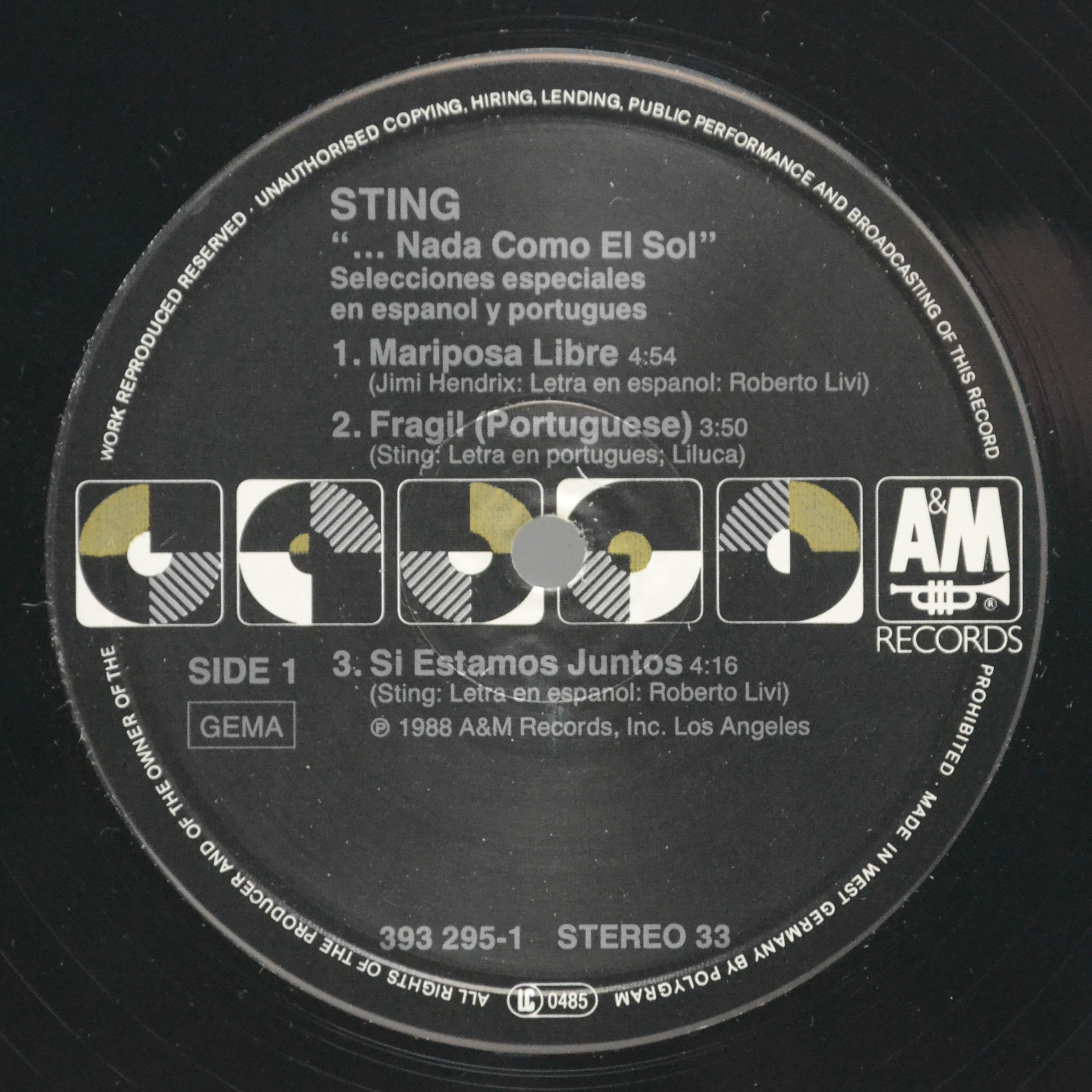 Виниловая пластинка Sting — ...Nada Como El Sol (Selecciones Especiales En Espanol Y Portugues), 1988