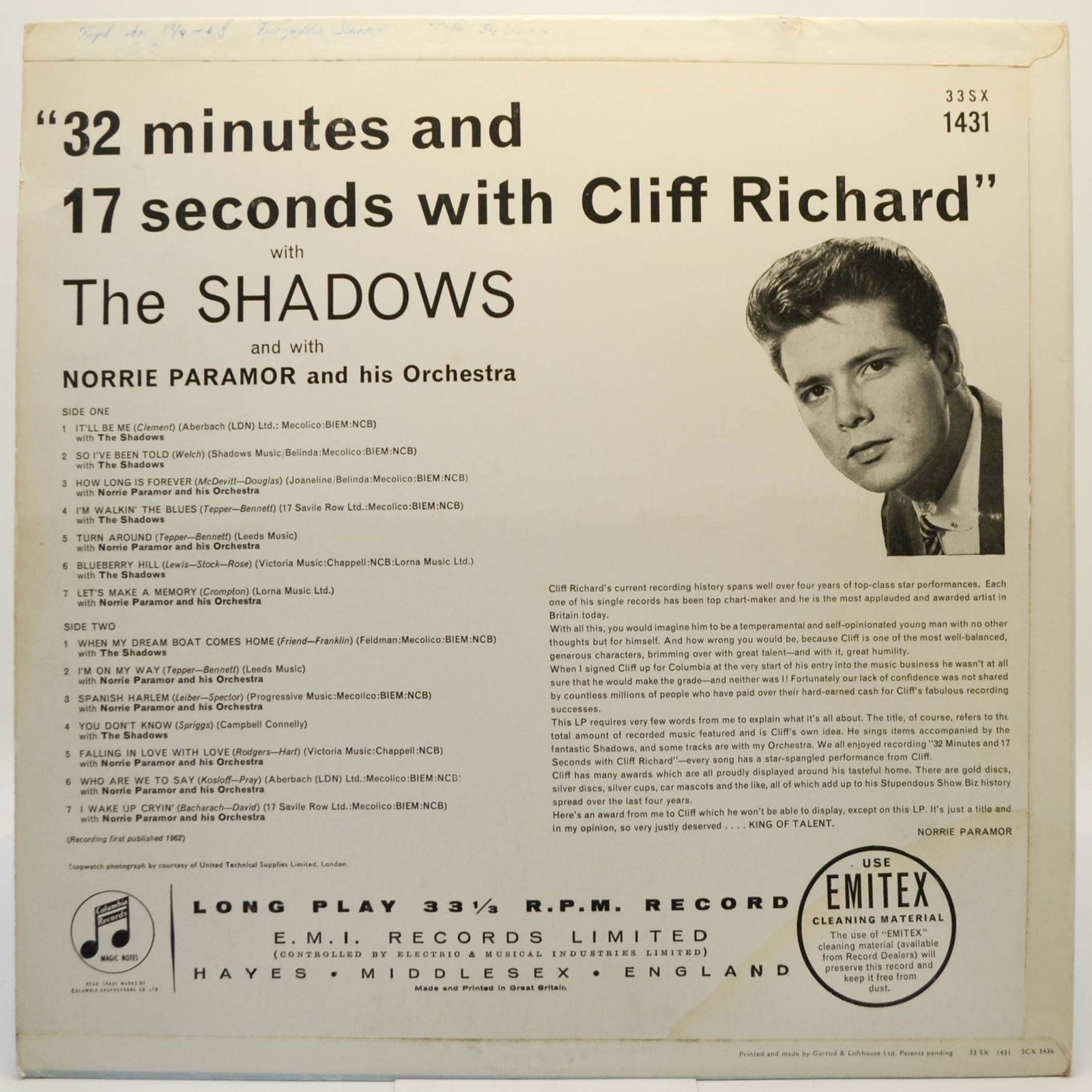 Cliff Richard With The Shadows — And Norrie Paramor And His Orchestra ‎– 32 Minutes And 17 Seconds With Cliff Richard, 1962