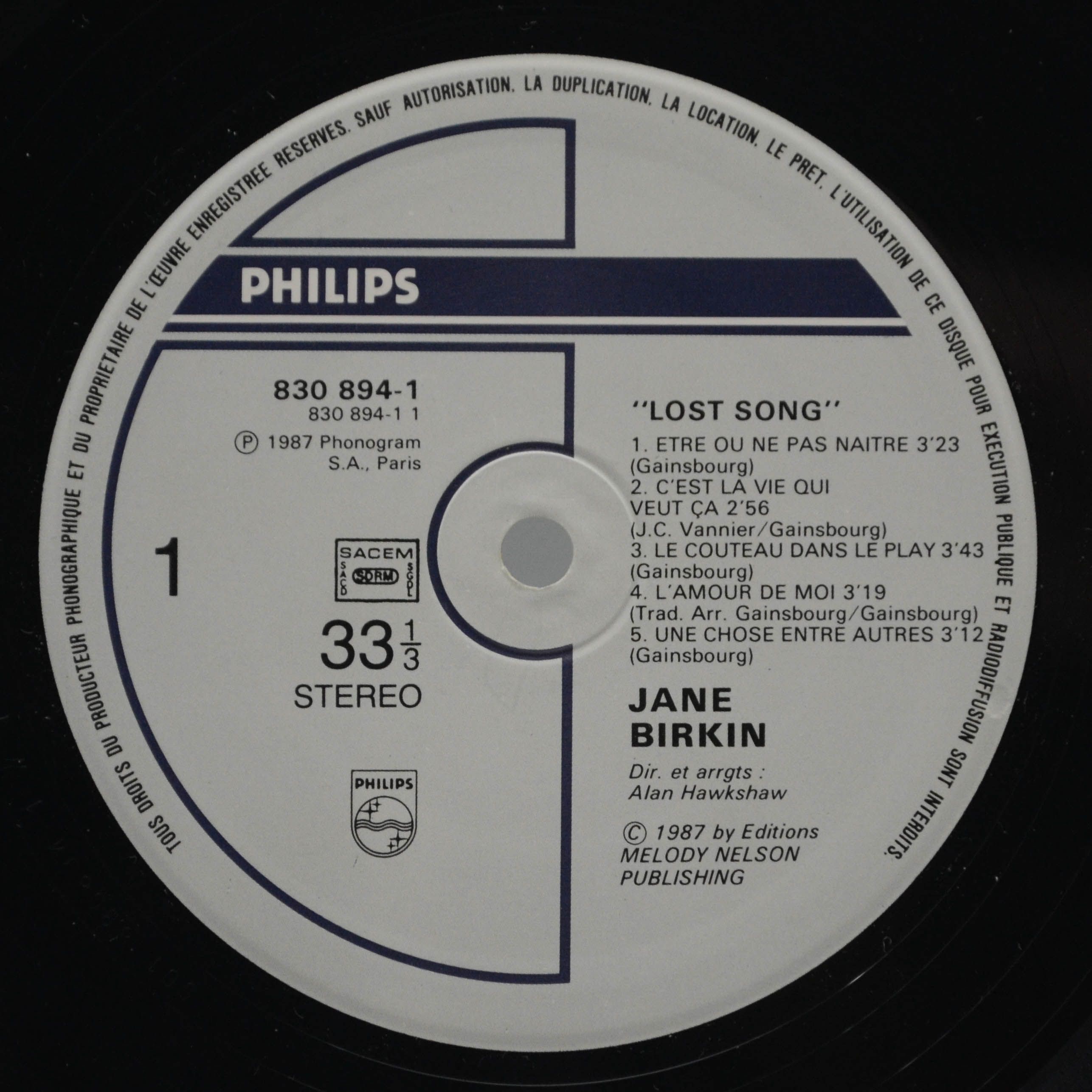 Jane Birkin — Lost Song (1-st, France), 1987