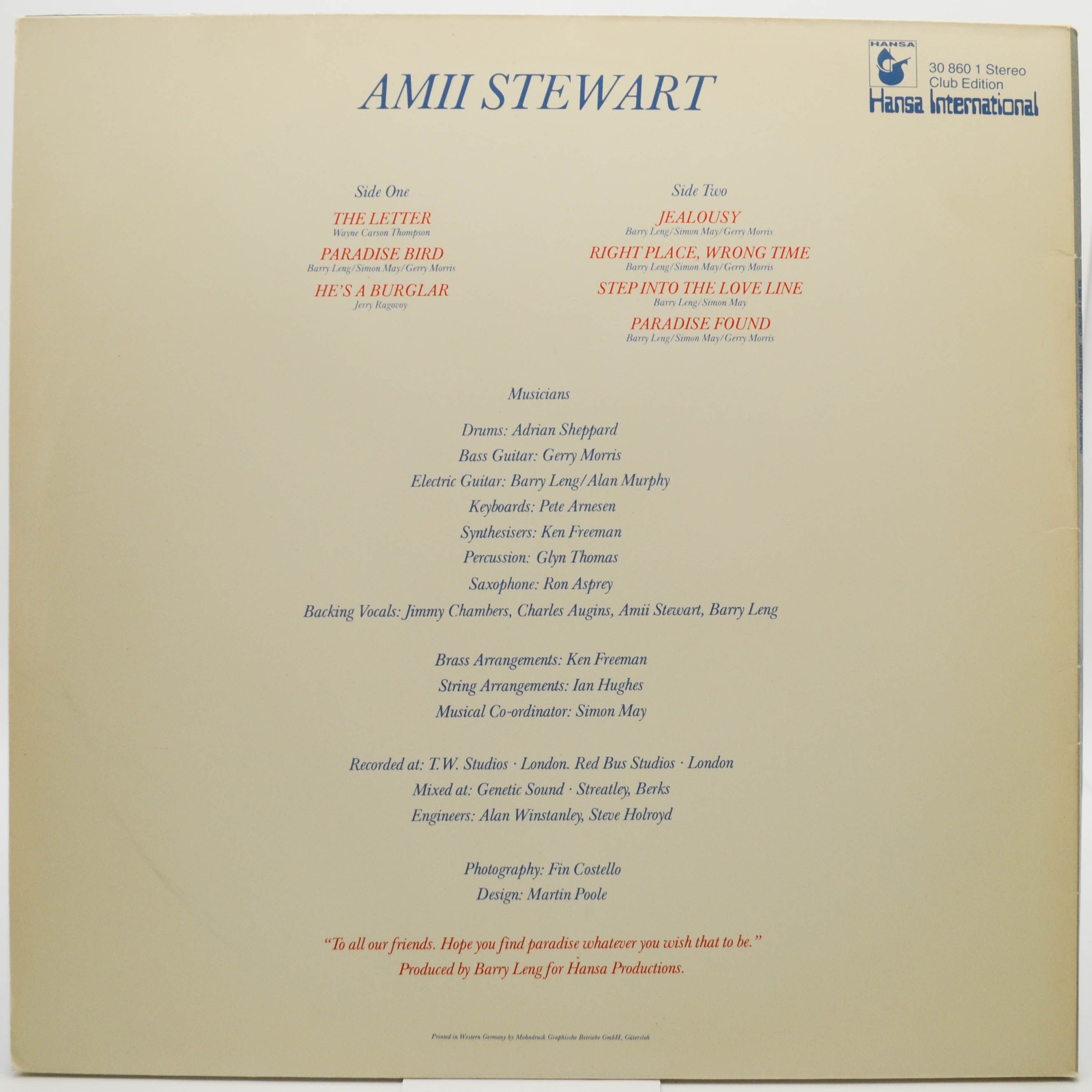 Amii Stewart — Paradise Bird, 1980