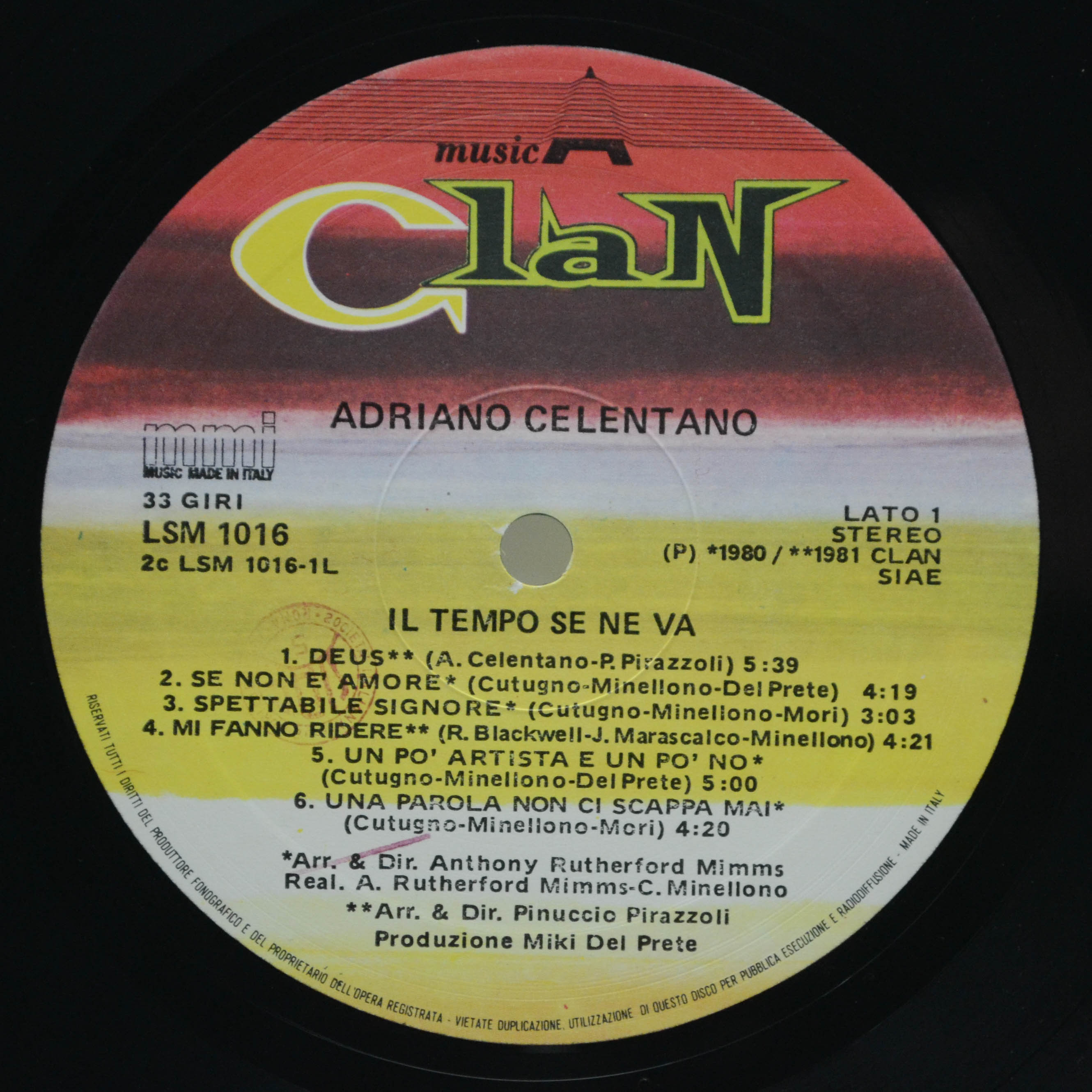 Adriano Celentano — Il Tempo Se Ne Va (1-st, Italy, Clan), 1983