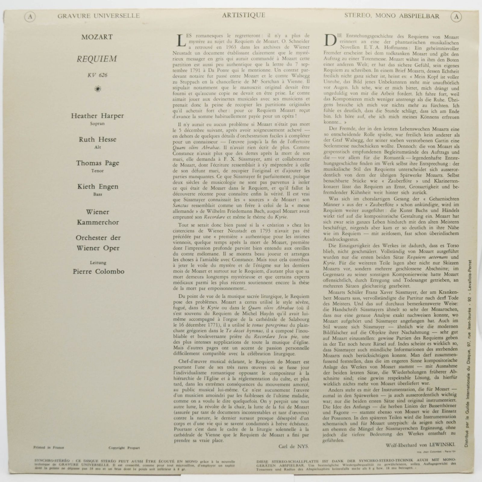 W.A. Mozart, Wiener Kammerchor, Orchester Der Wiener Staatsoper, Pierre Colombo — Missa Pro Defunctis, Requiem (KV 626), 1977