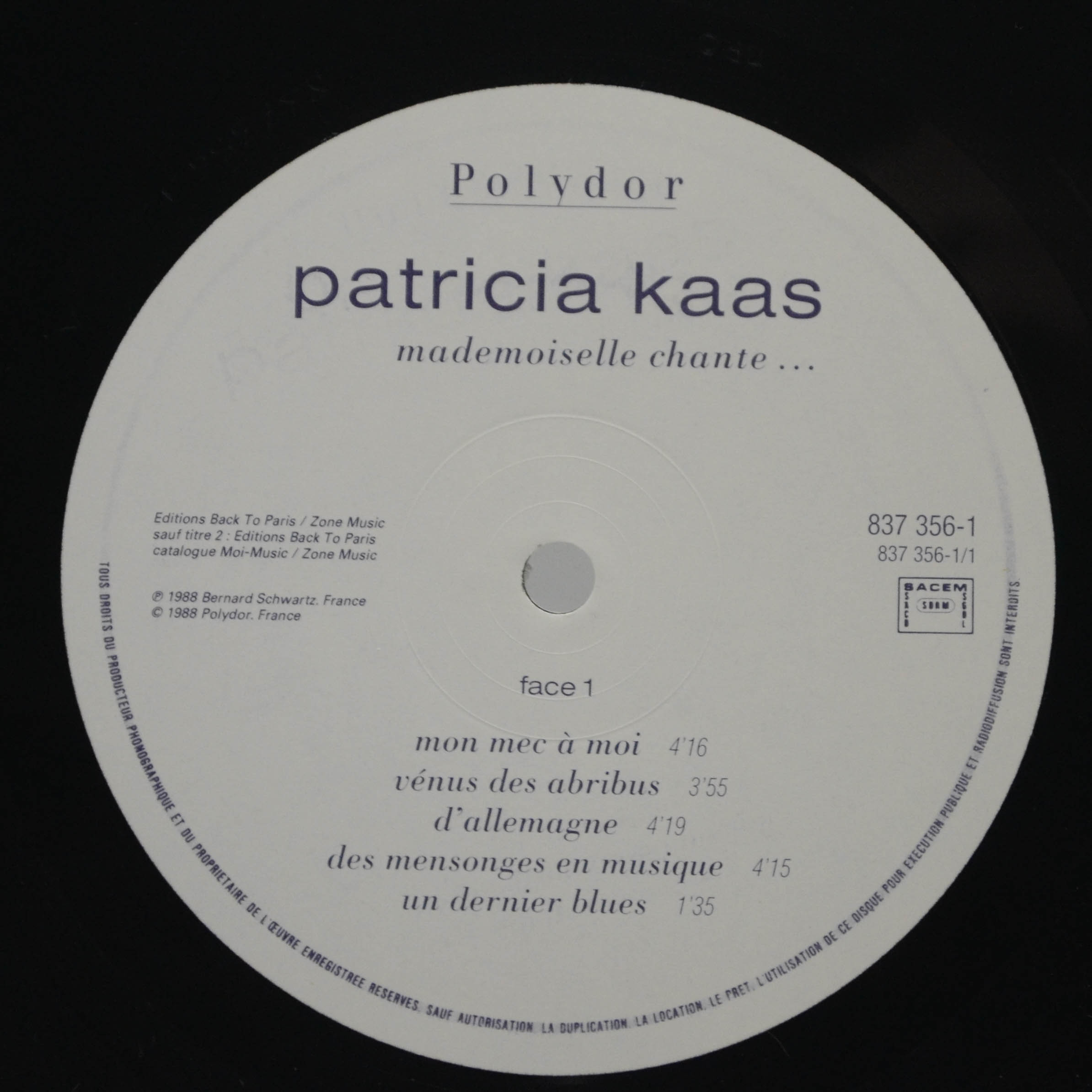 Виниловая пластинка Patricia Kaas — Mademoiselle Chante... (1-st, France), 1988