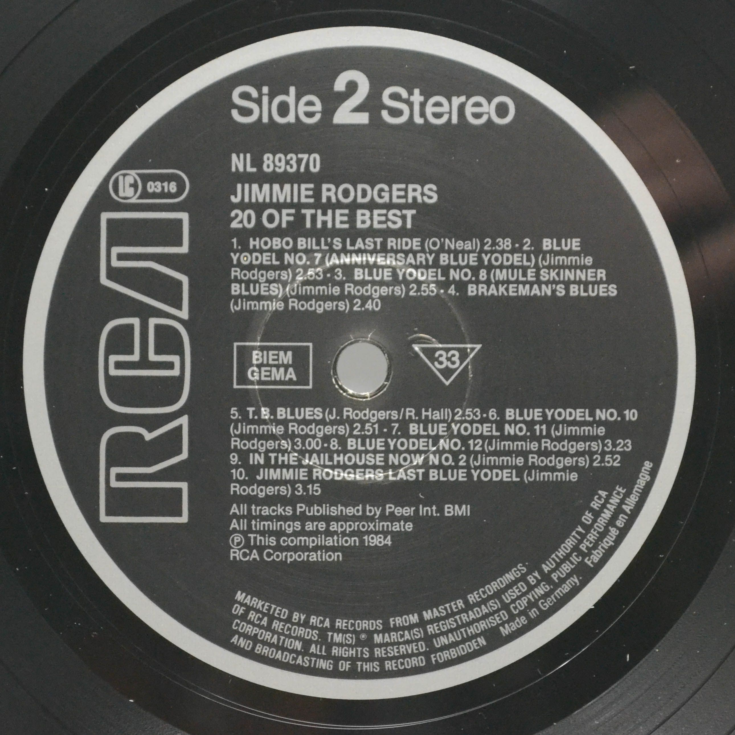 Виниловая пластинка Jimmie Rodgers — 20 Of The Best, 1984