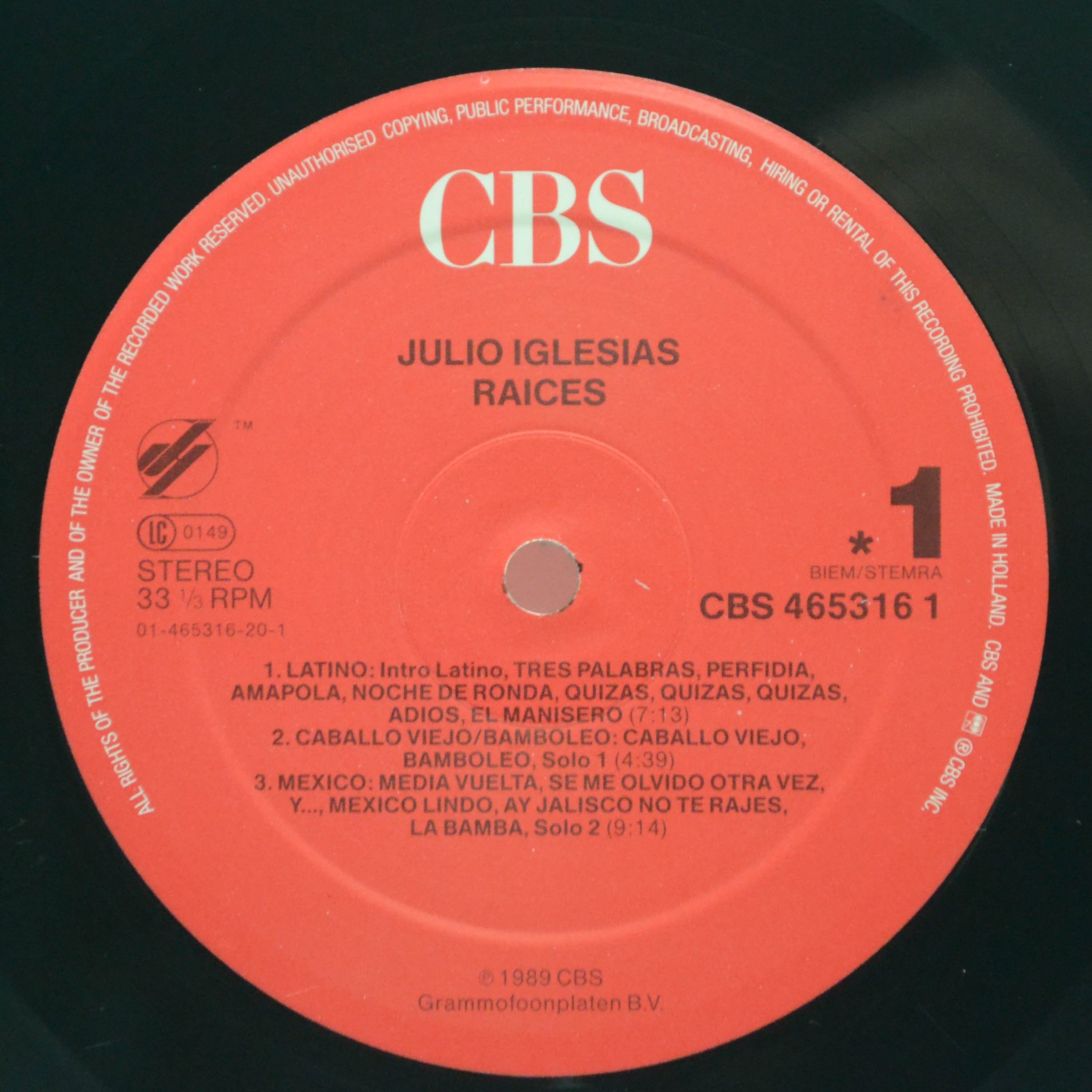Виниловая пластинка Julio Iglesias — Raices, 1989
